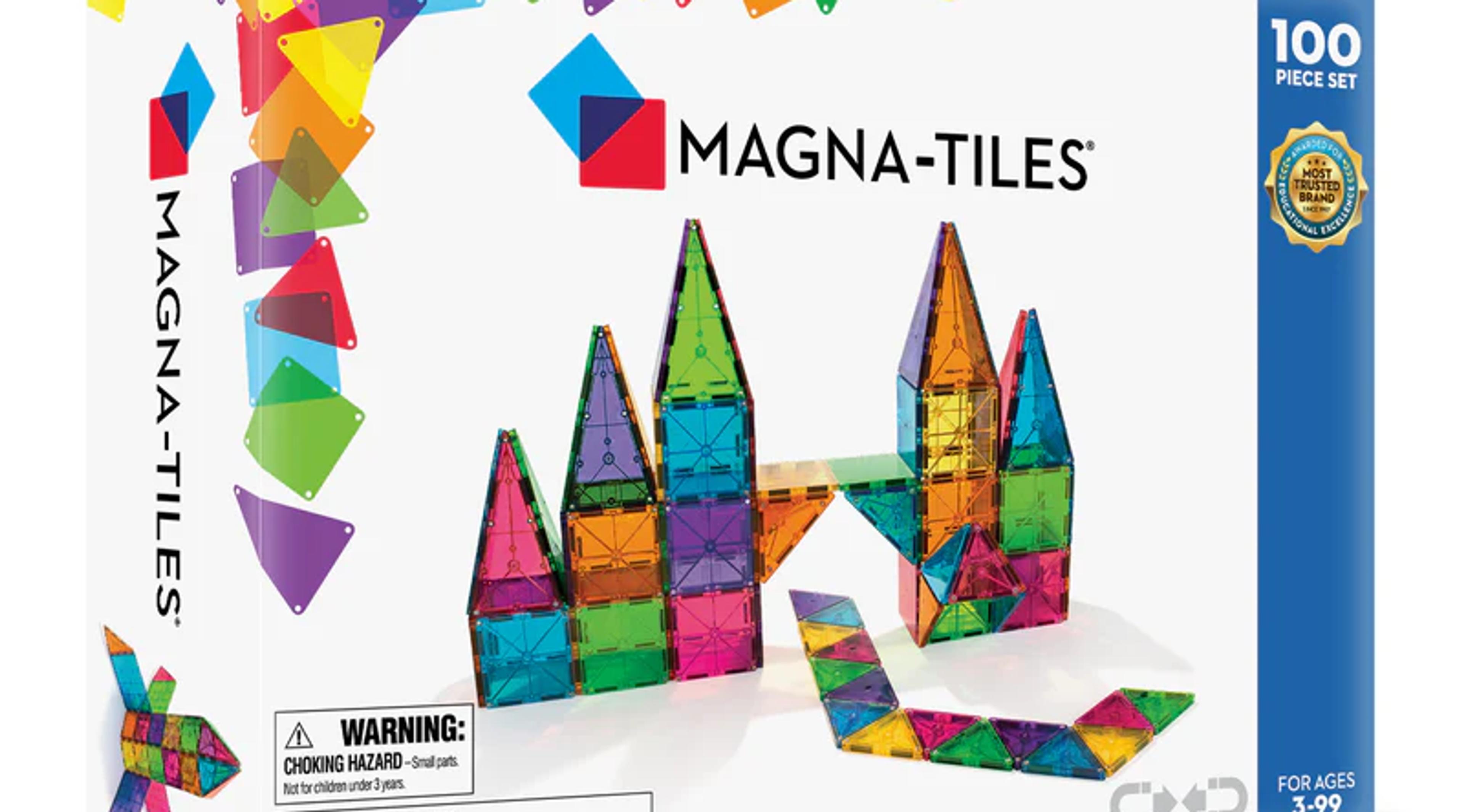 MAGNA-TILES Clear Colors 100-Piece Set box with translucent magnetic building tiles in bright colors