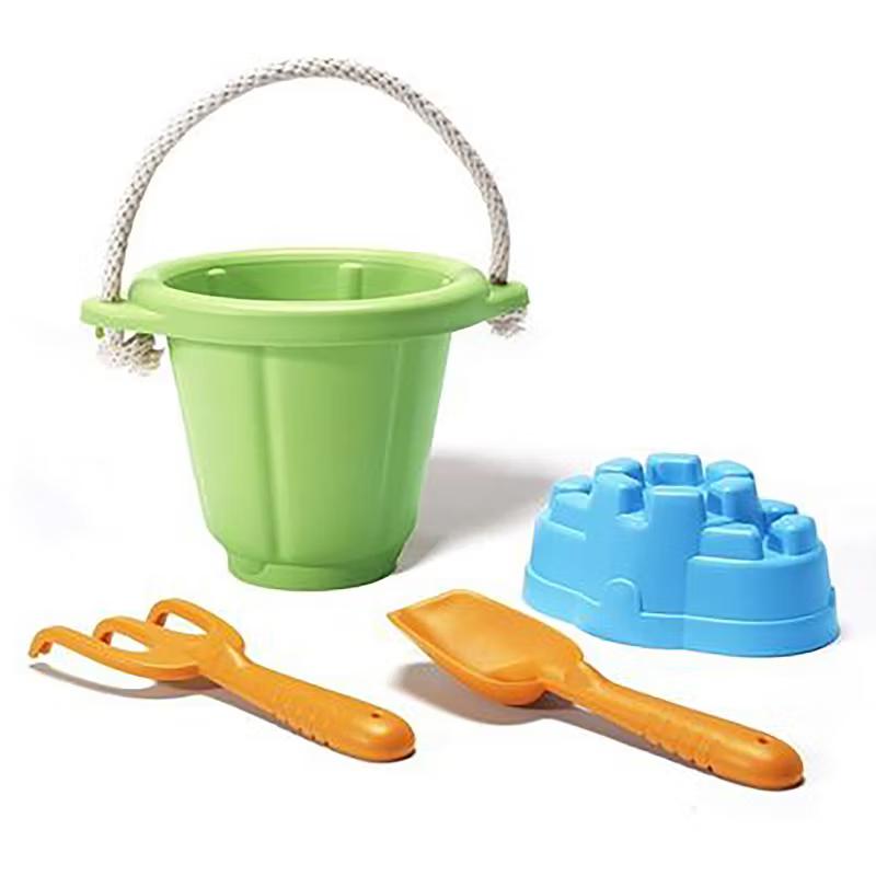 Green Toys Sand Play Set in green with bucket, shovel, rake and sandcastle mold