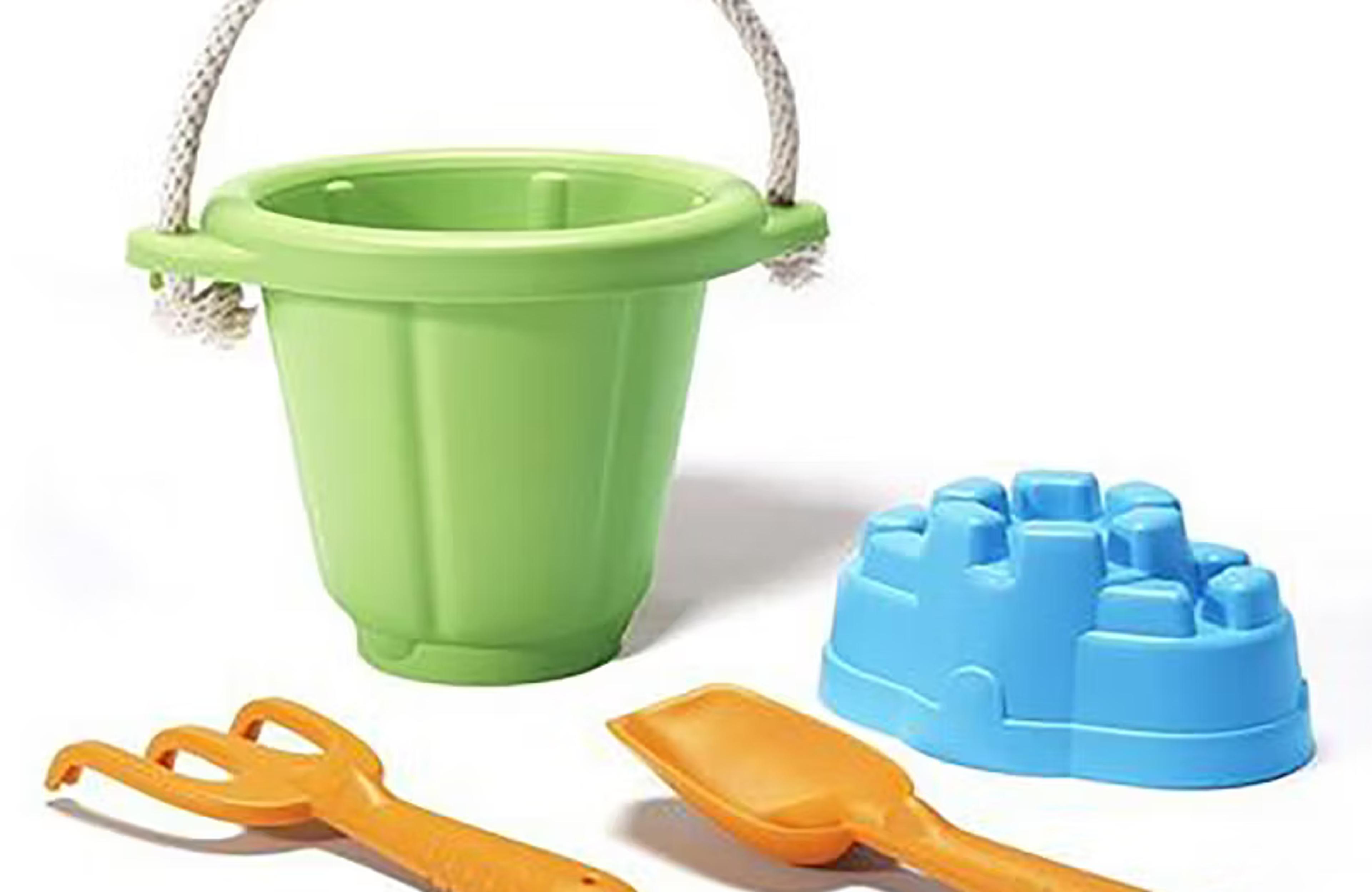 Green Toys Sand Play Set in green with bucket, shovel, rake and sandcastle mold