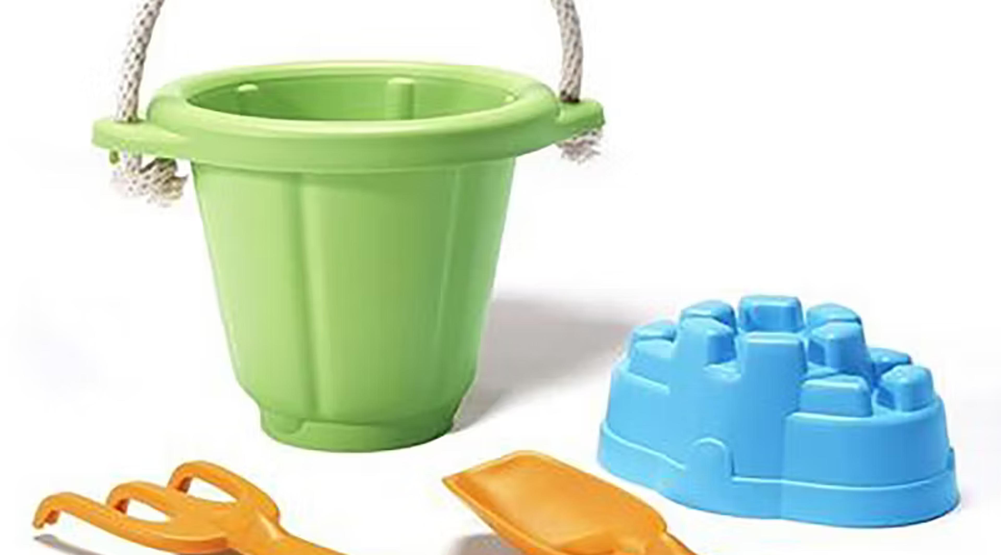 Green Toys Sand Play Set in green with bucket, shovel, rake and sandcastle mold