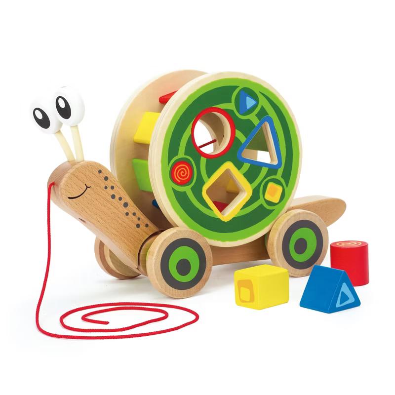 Hape Walk-A-Long Snail wooden pull toy with removable shape sorter shell