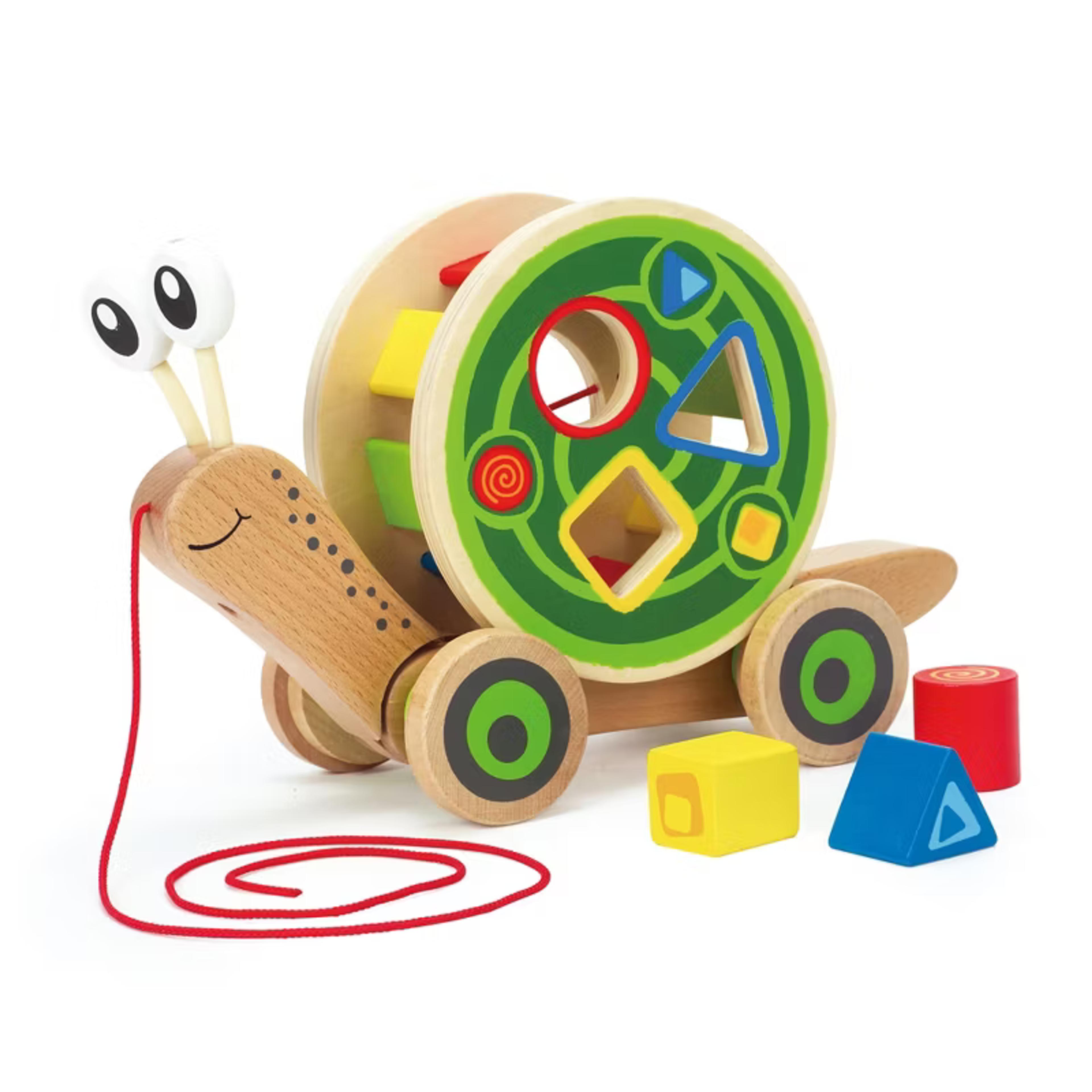 Hape Walk-A-Long Snail wooden pull toy with removable shape sorter shell