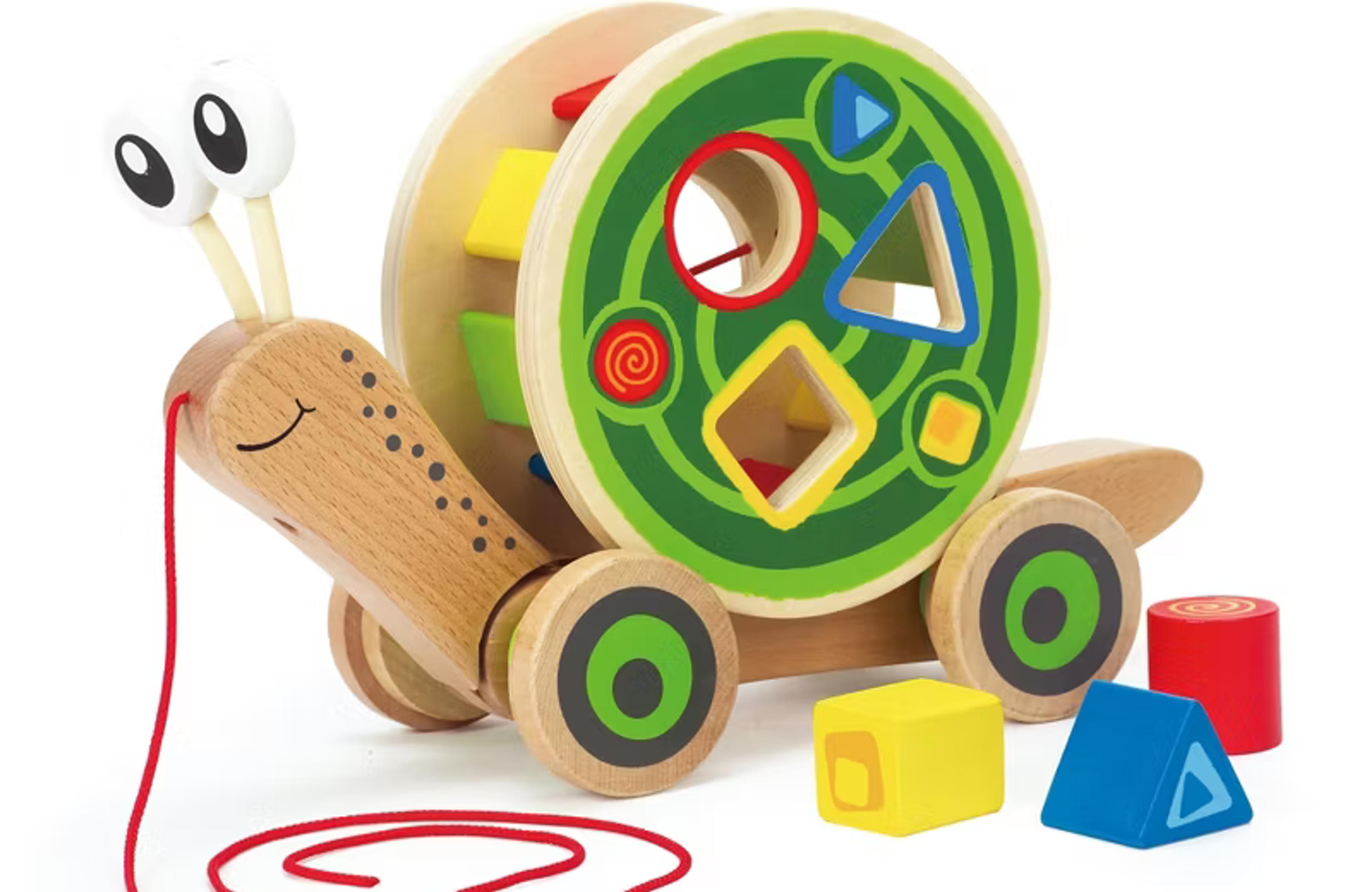 Hape Walk-A-Long Snail wooden pull toy with removable shape sorter shell