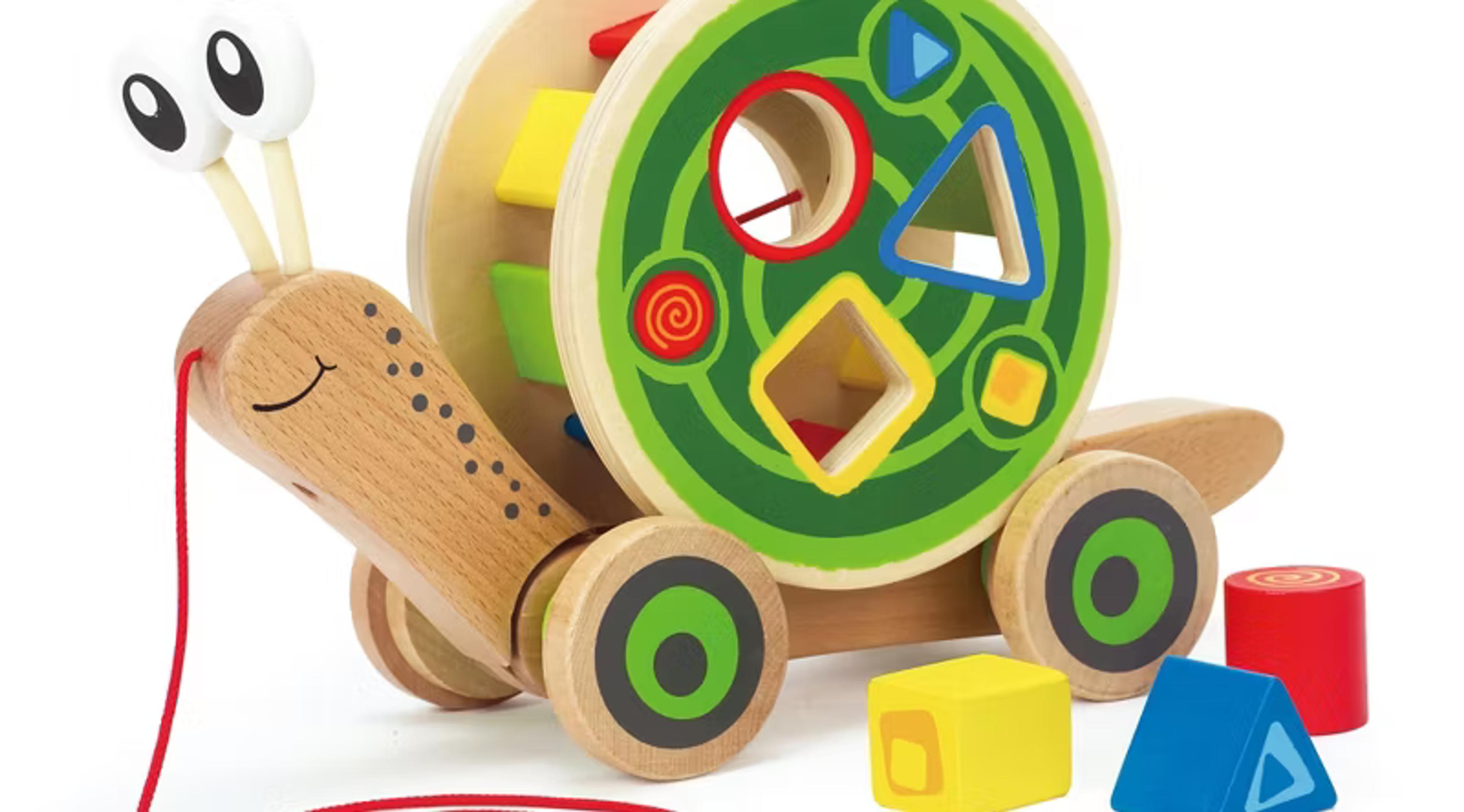 Hape Walk-A-Long Snail wooden pull toy with removable shape sorter shell