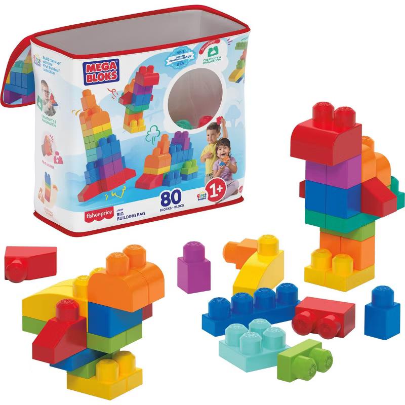 MEGA BLOKS First Builders Big Building Bag with 80 colorful chunky toddler building blocks and a blue storage bag