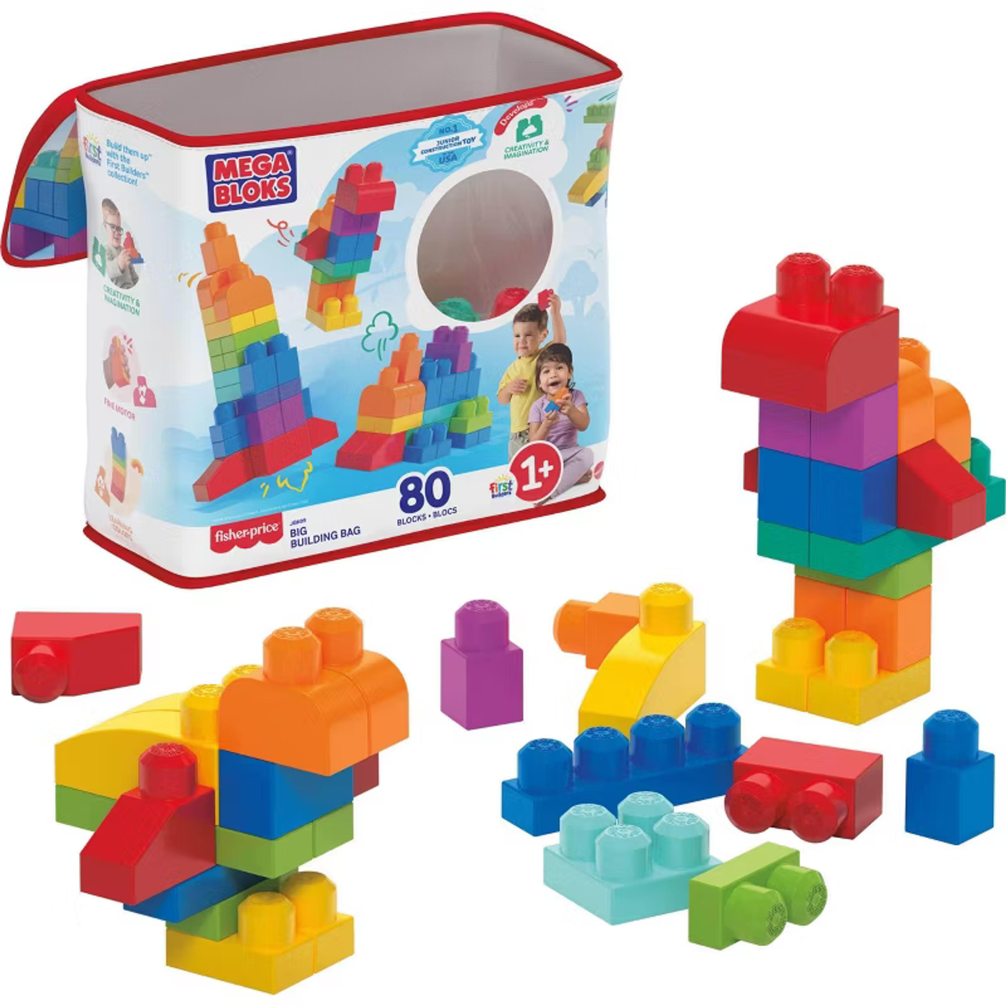 MEGA BLOKS First Builders Big Building Bag with 80 colorful chunky toddler building blocks and a blue storage bag