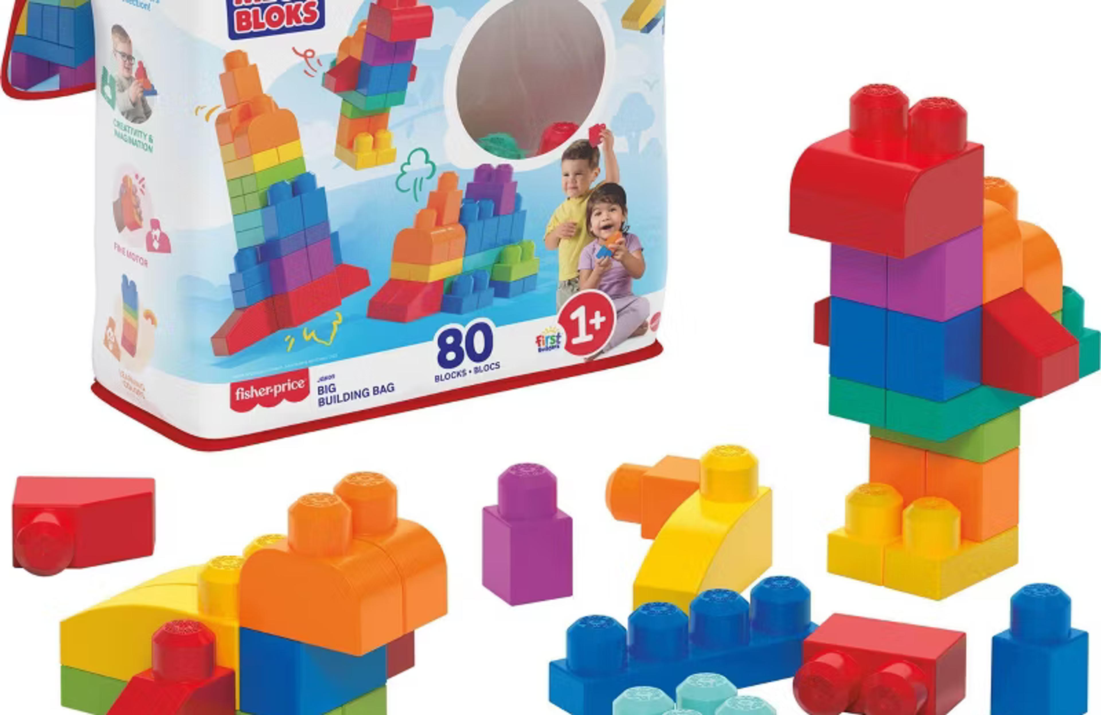 MEGA BLOKS First Builders Big Building Bag with 80 colorful chunky toddler building blocks and a blue storage bag