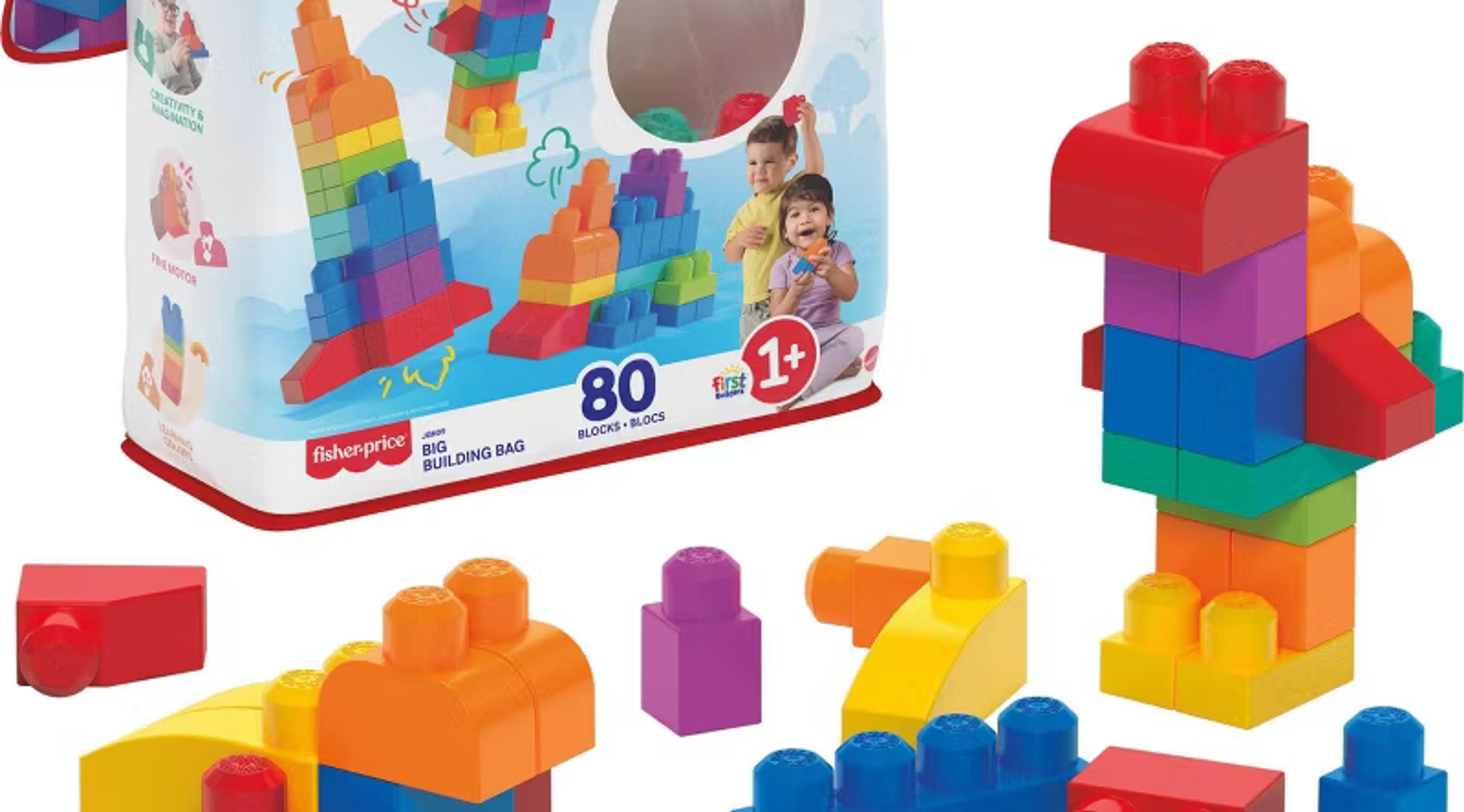 MEGA BLOKS First Builders Big Building Bag with 80 colorful chunky toddler building blocks and a blue storage bag
