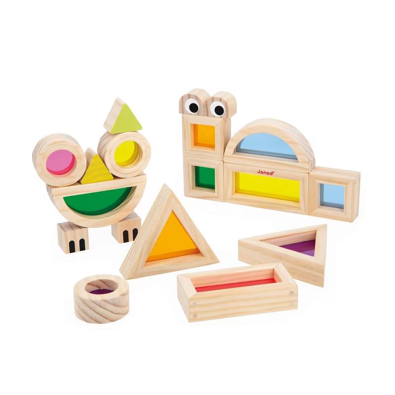 Janod Translucent Sensory Stacking Blocks wooden and color blocks set, 18 pieces