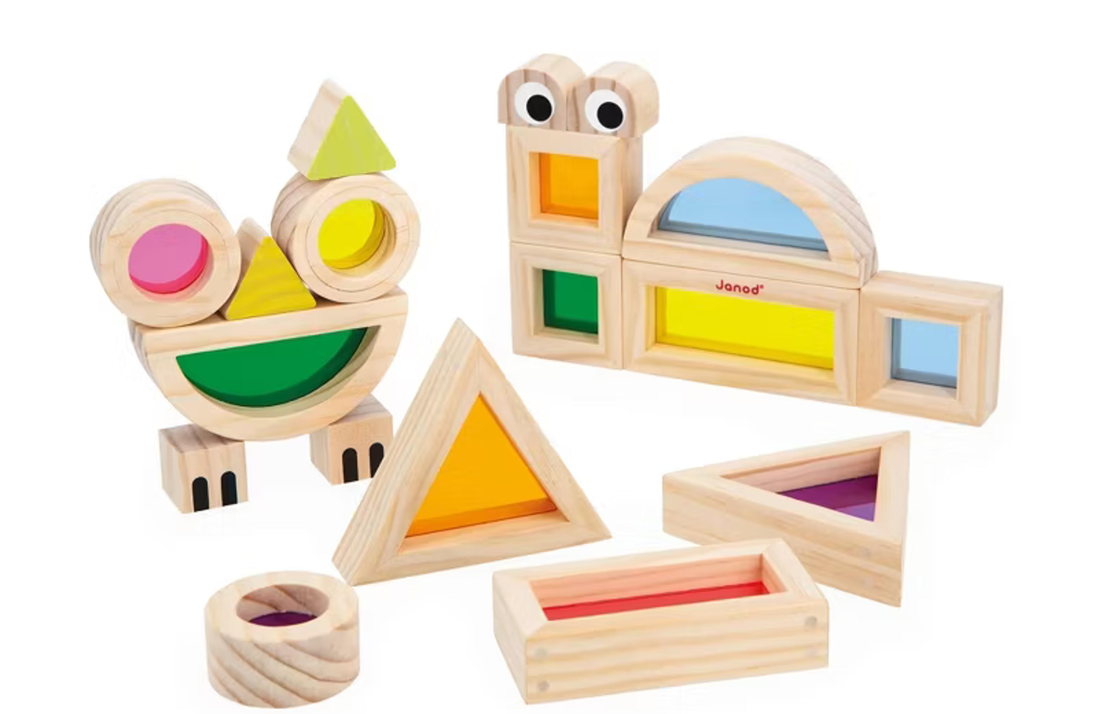 Janod Translucent Sensory Stacking Blocks wooden and color blocks set, 18 pieces