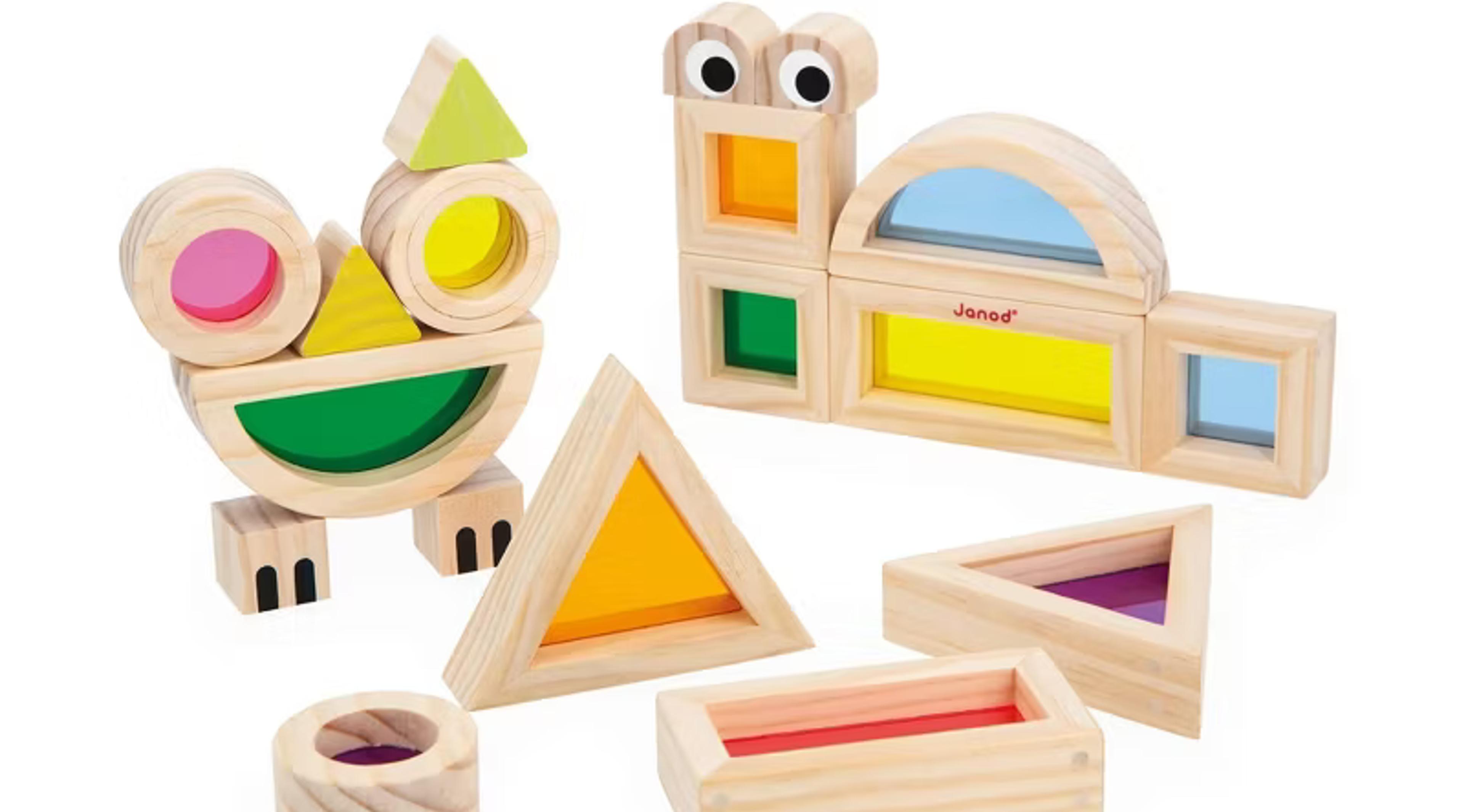 Janod Translucent Sensory Stacking Blocks wooden and color blocks set, 18 pieces