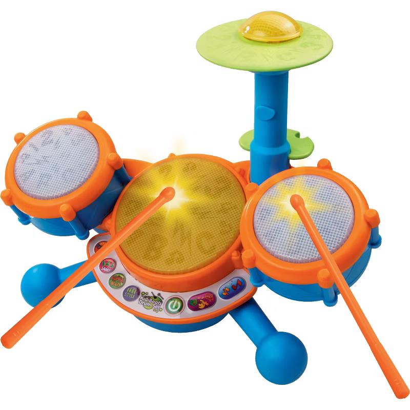VTech KidiBeats Drum Set with three drum pads, cymbal, and drumsticks