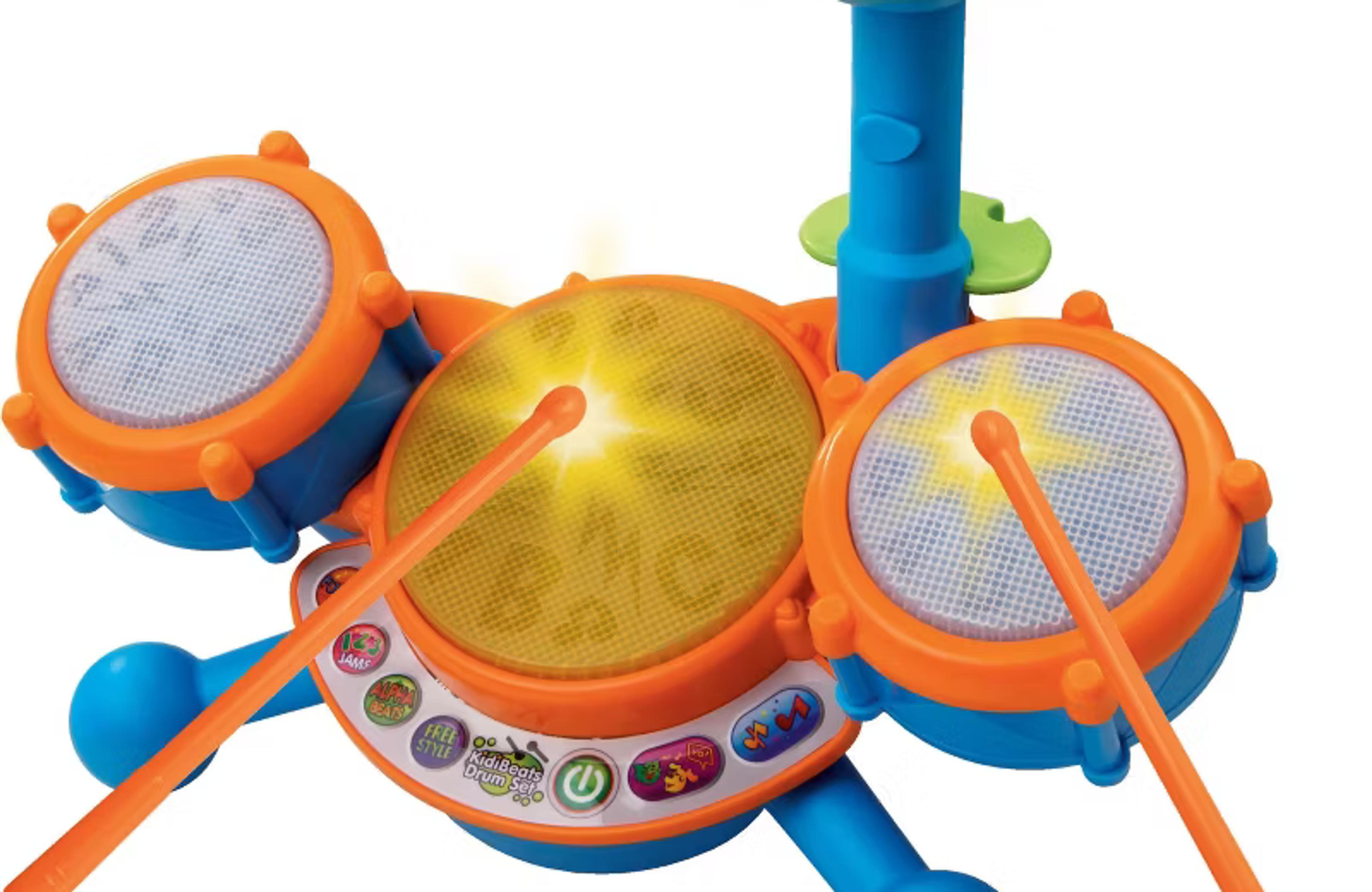 VTech KidiBeats Drum Set with three drum pads, cymbal, and drumsticks