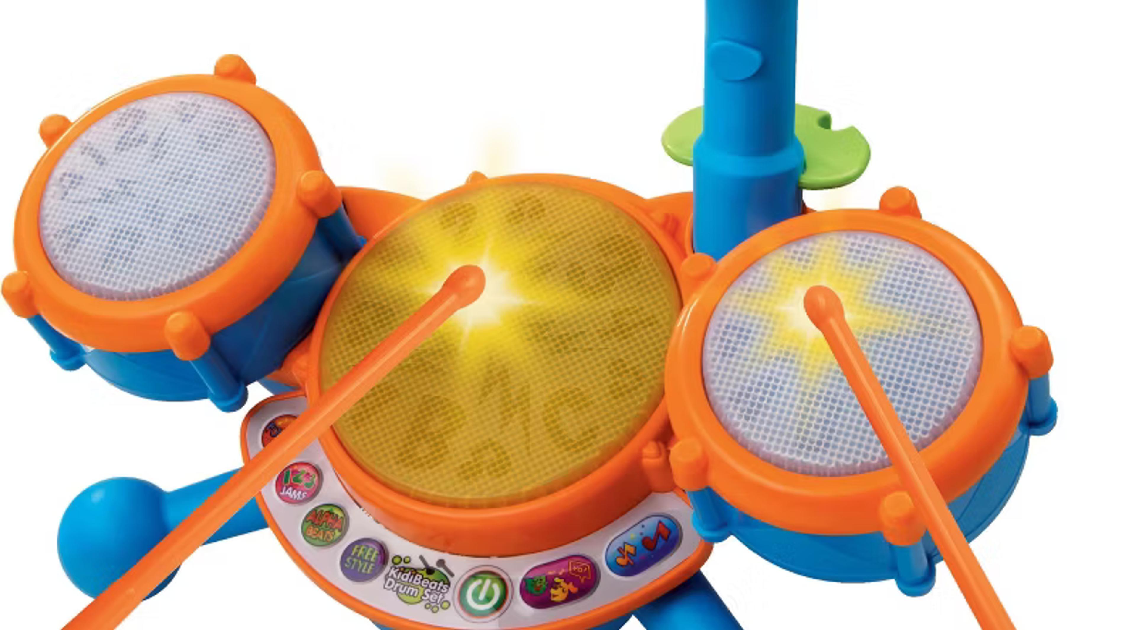 VTech KidiBeats Drum Set with three drum pads, cymbal, and drumsticks
