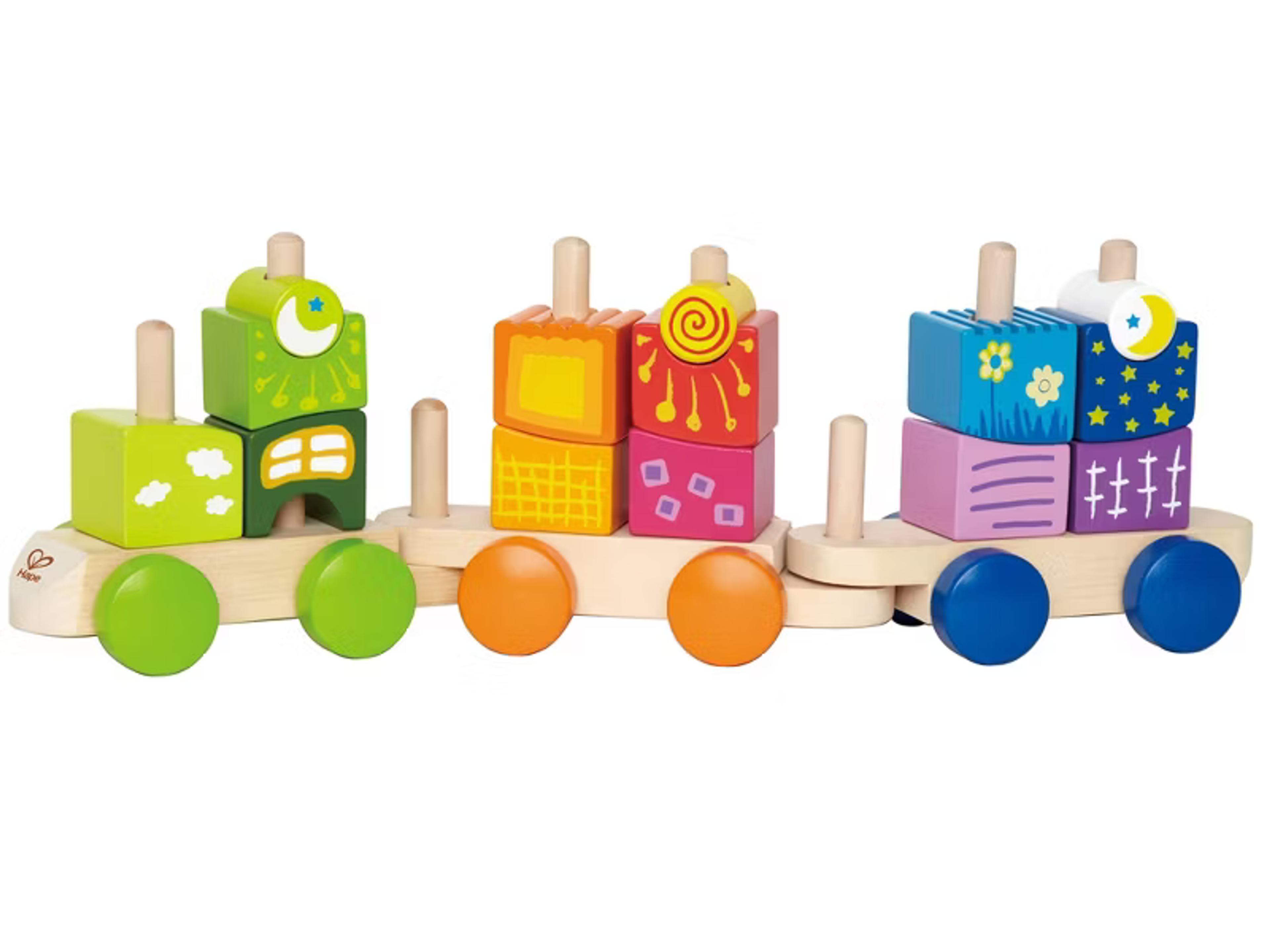 Hape Fantasia Blocks wooden maple sorting and stacking train, 17 pieces