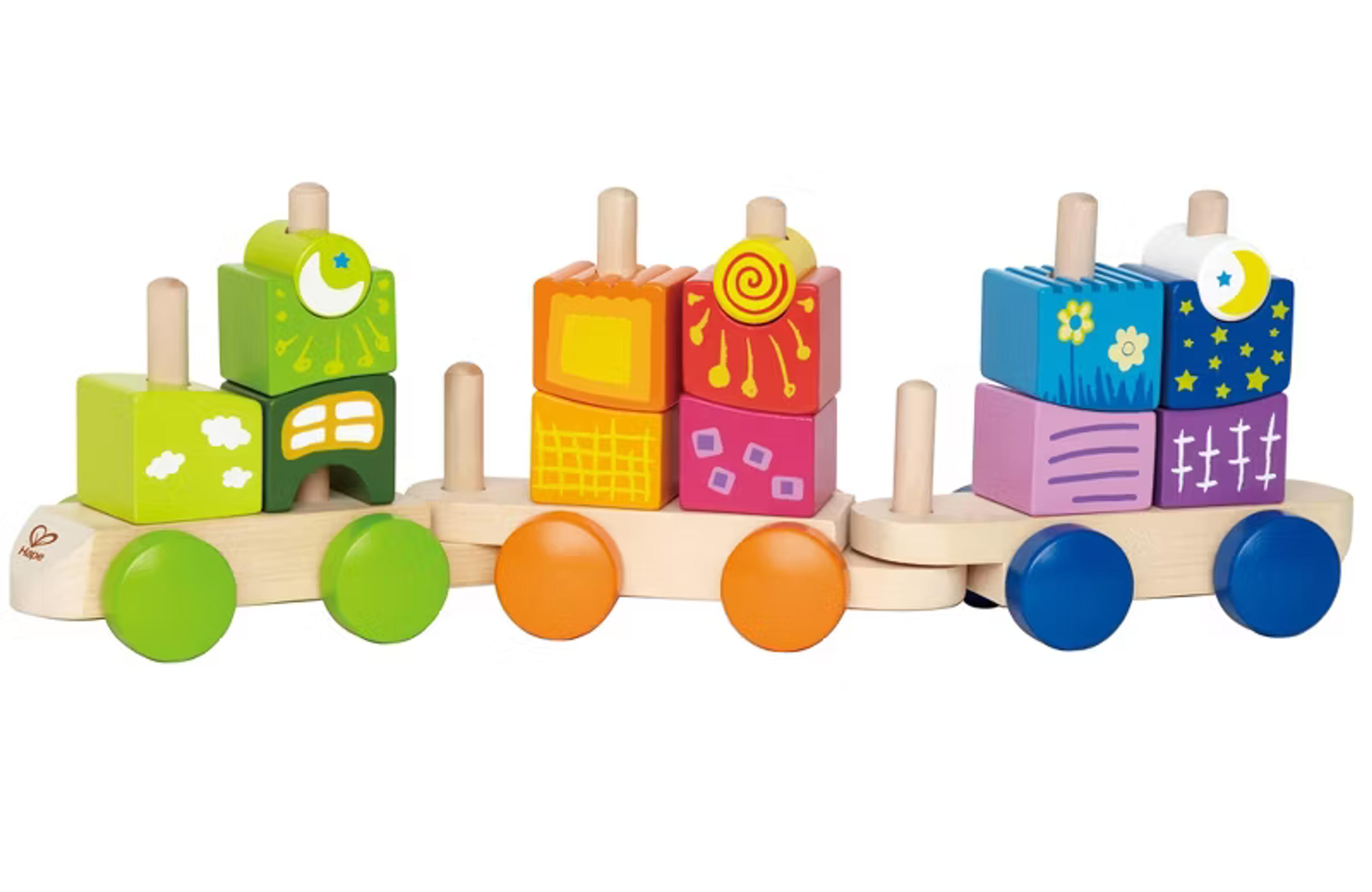 Hape Fantasia Blocks wooden maple sorting and stacking train, 17 pieces