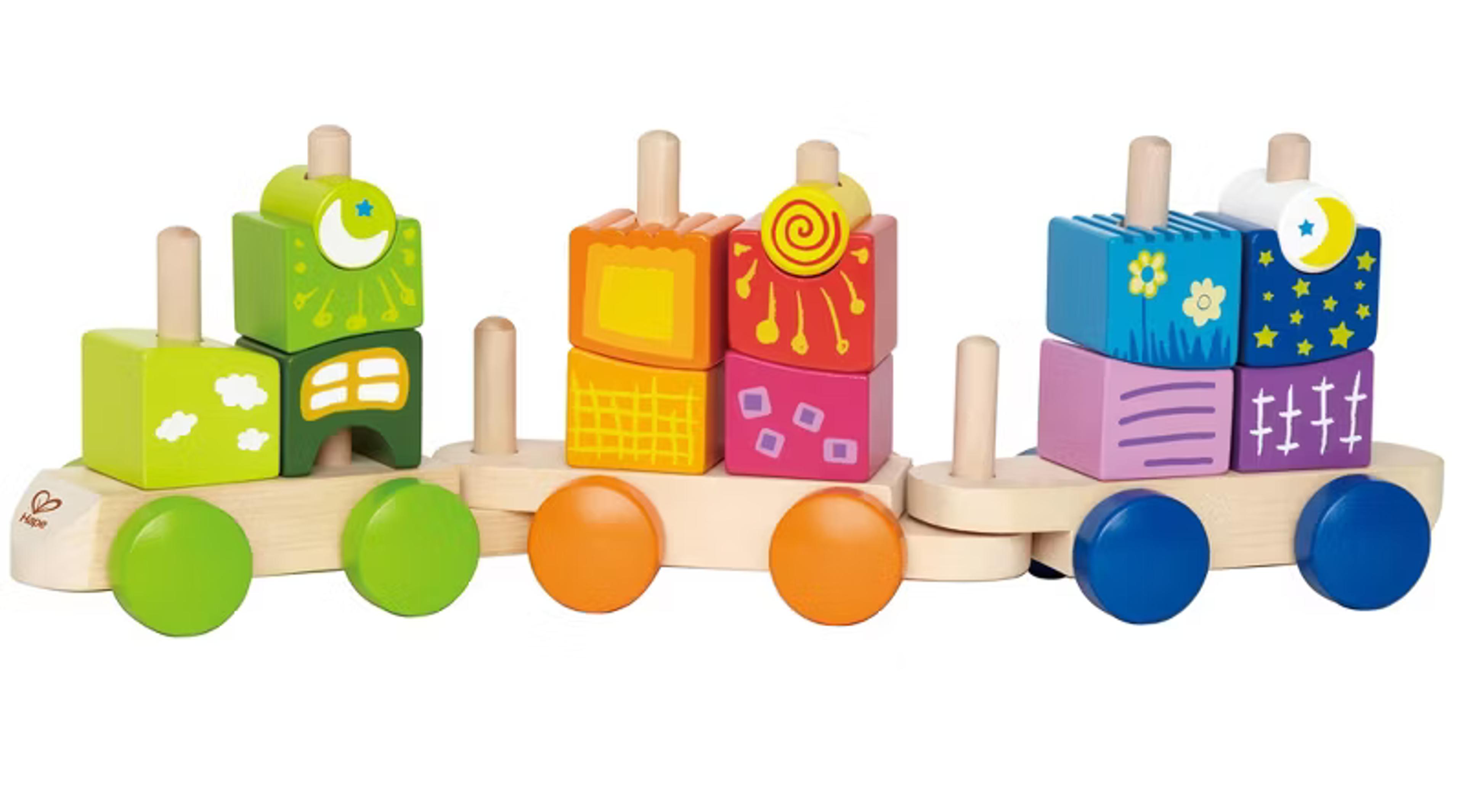 Hape Fantasia Blocks wooden maple sorting and stacking train, 17 pieces