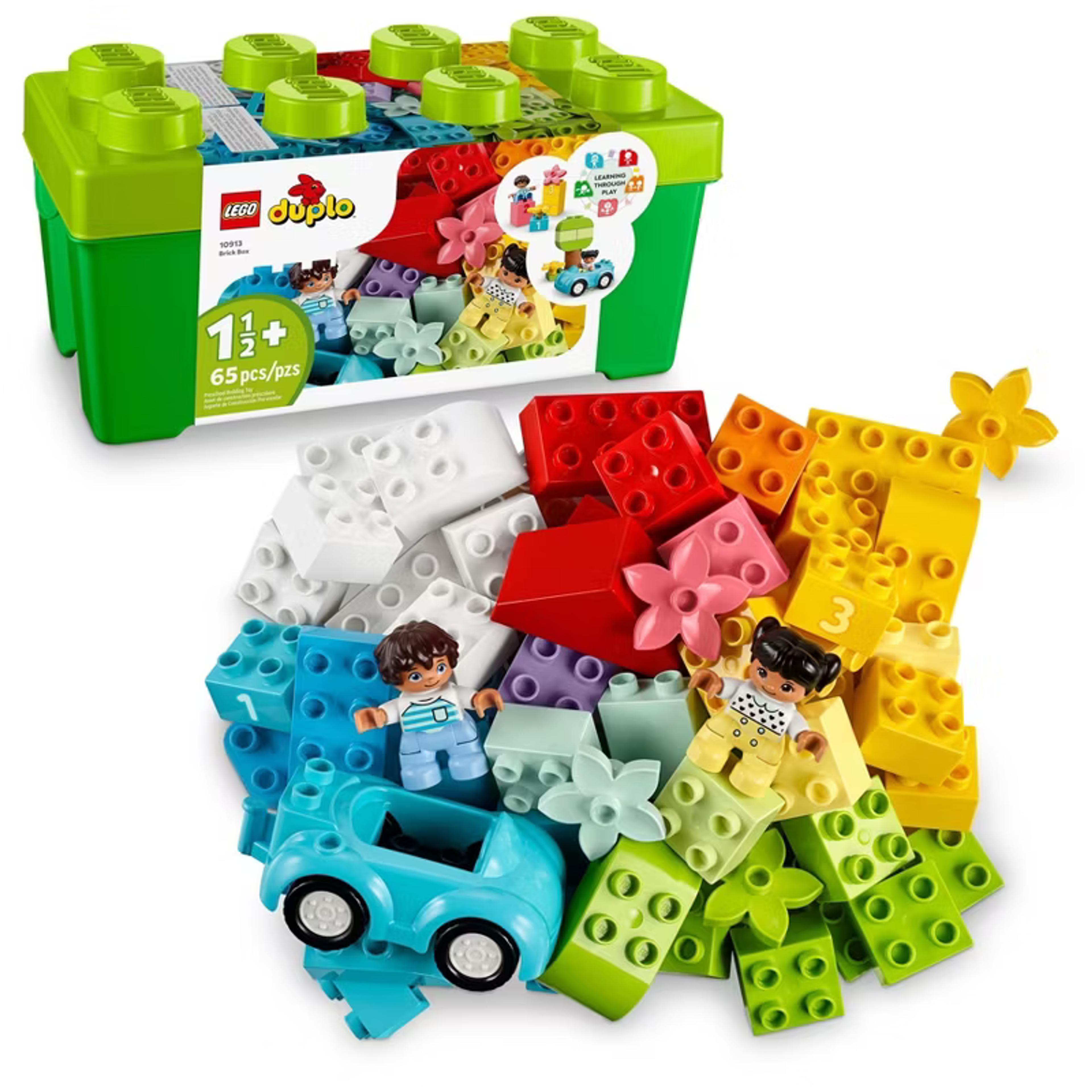 LEGO DUPLO Classic Brick Box 10913 with colorful bricks, toy car, and storage box