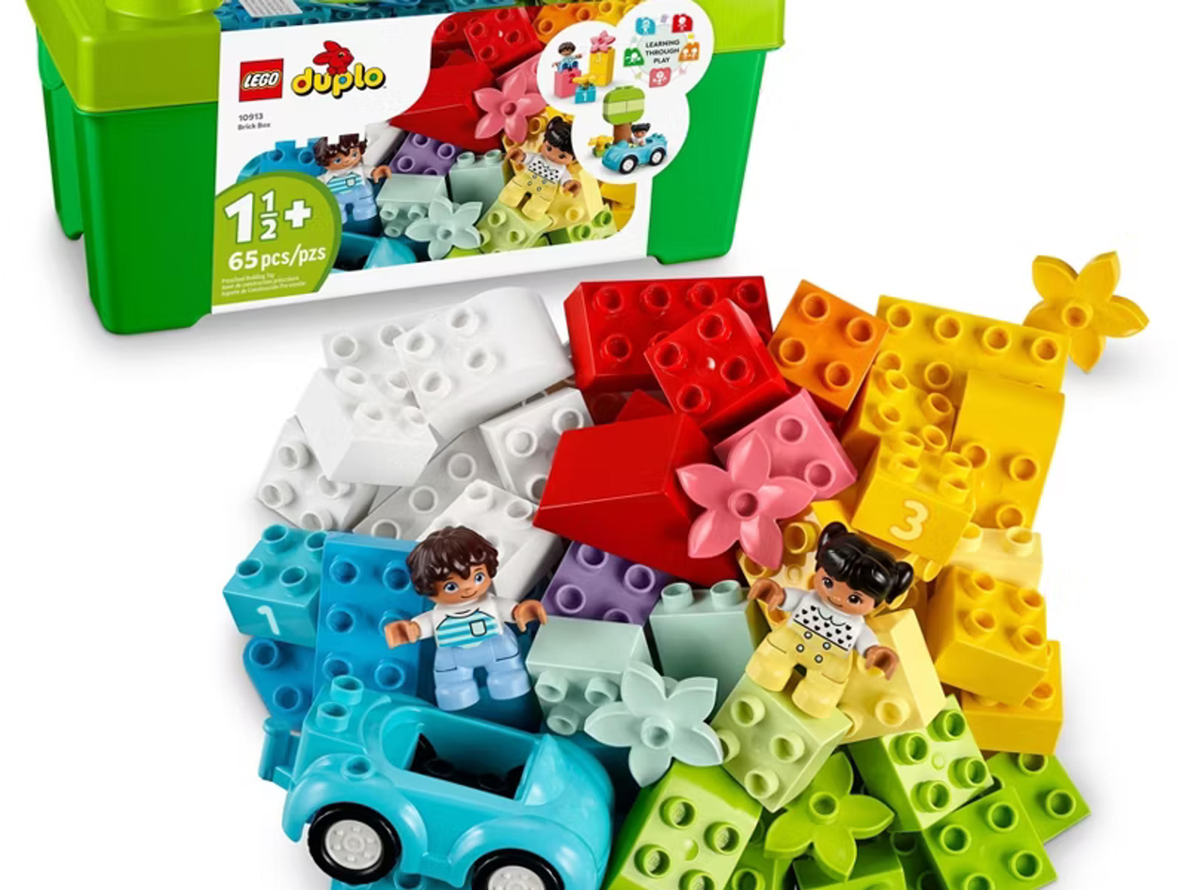 LEGO DUPLO Classic Brick Box 10913 with colorful bricks, toy car, and storage box