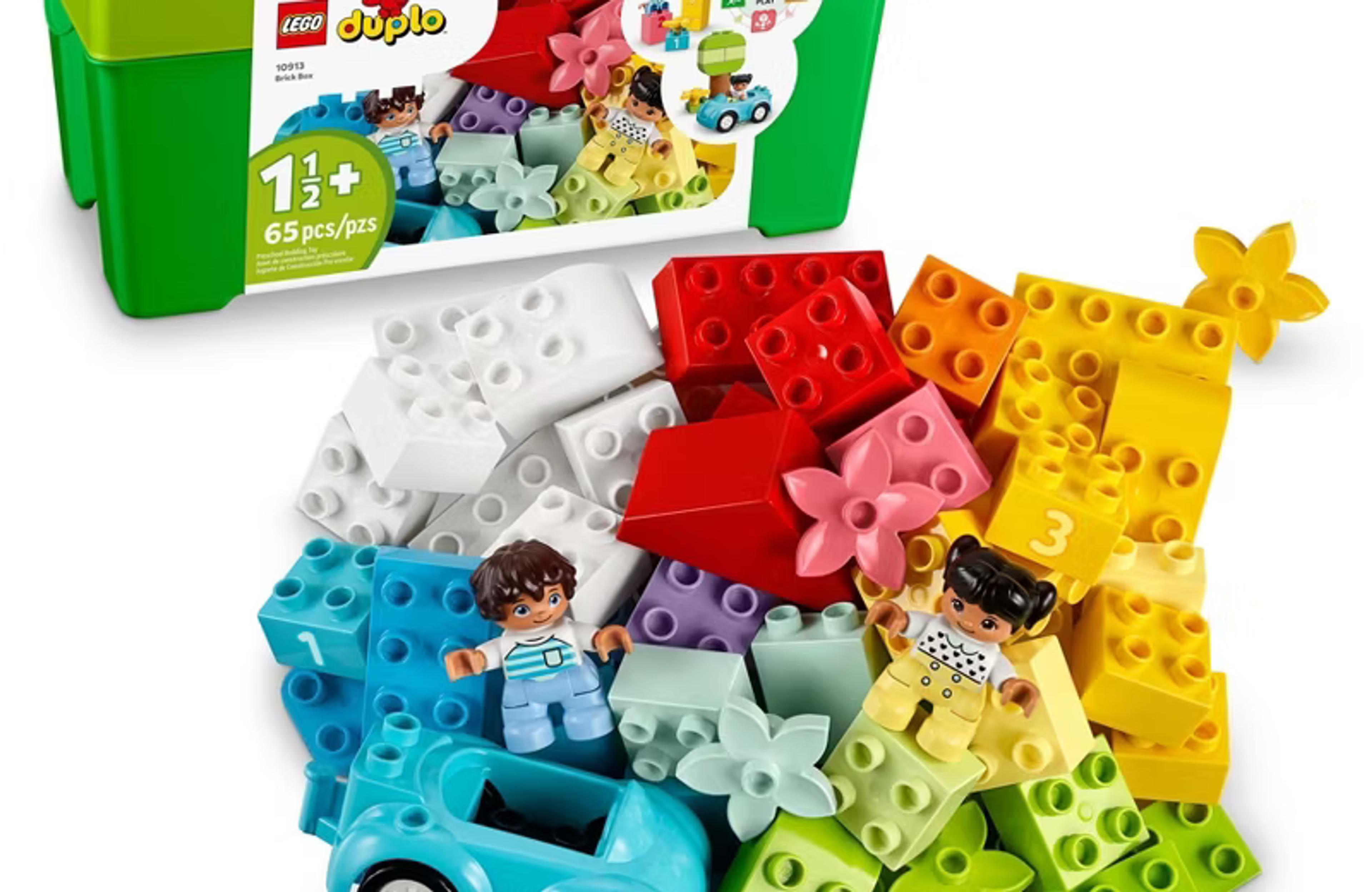 LEGO DUPLO Classic Brick Box 10913 with colorful bricks, toy car, and storage box