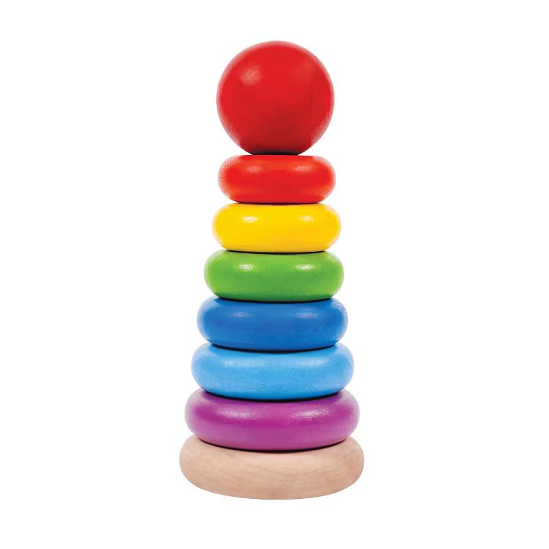 PlanToys wooden Stacking Ring set with colorful rings on a foldable center rod
