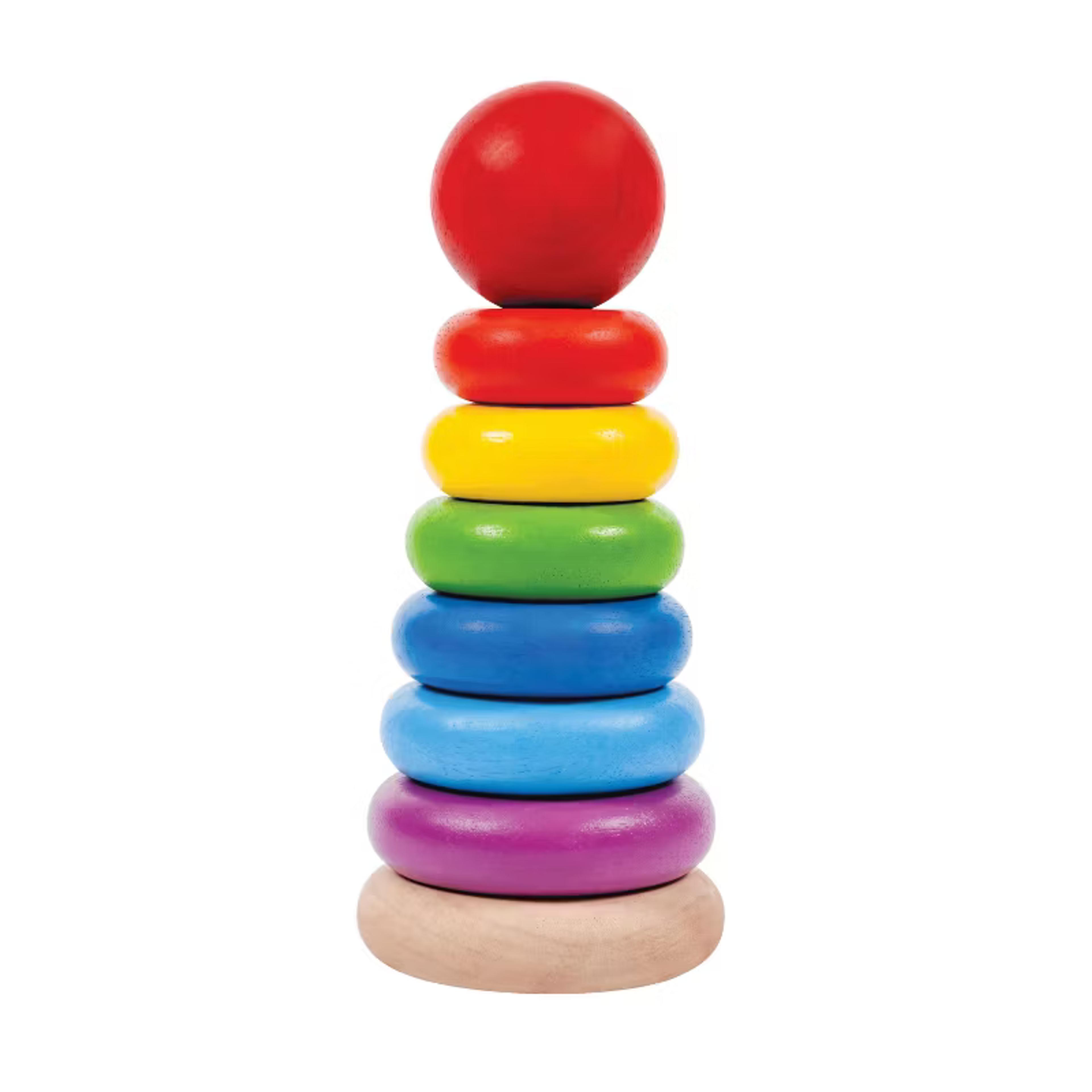 PlanToys wooden Stacking Ring set with colorful rings on a foldable center rod