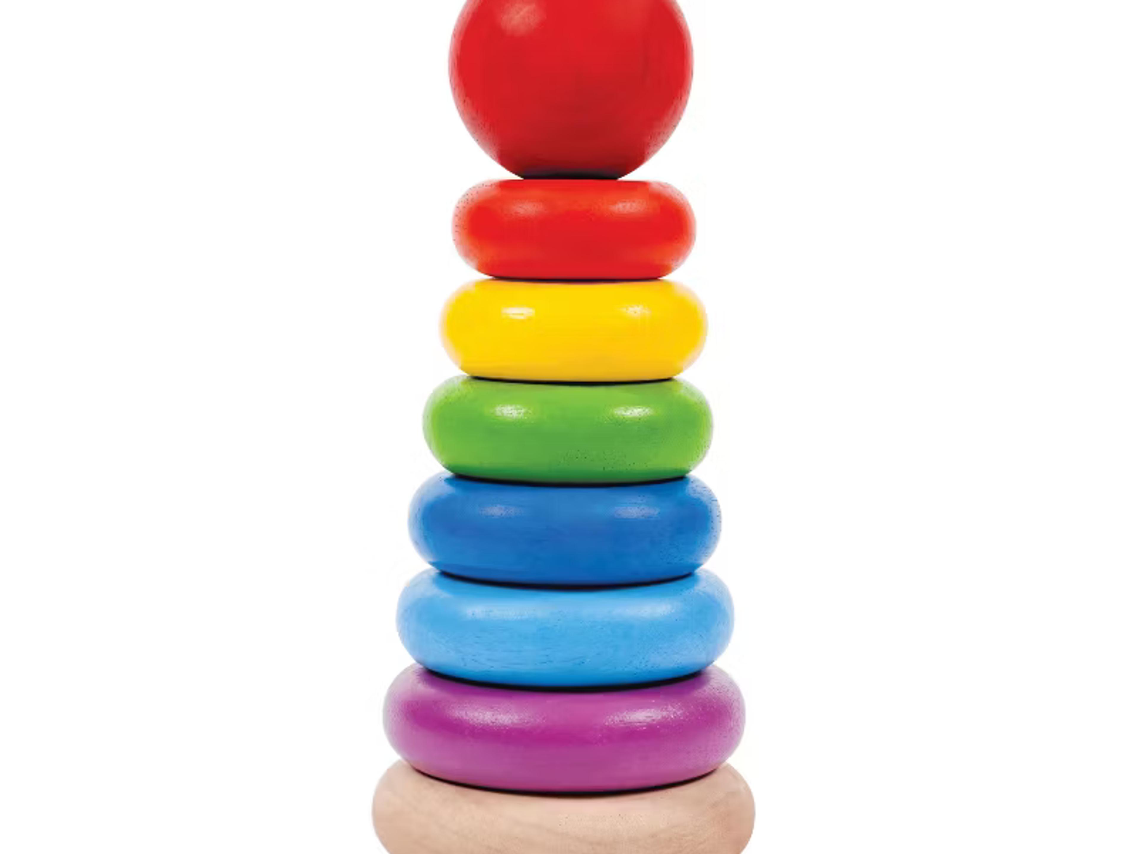 PlanToys wooden Stacking Ring set with colorful rings on a foldable center rod
