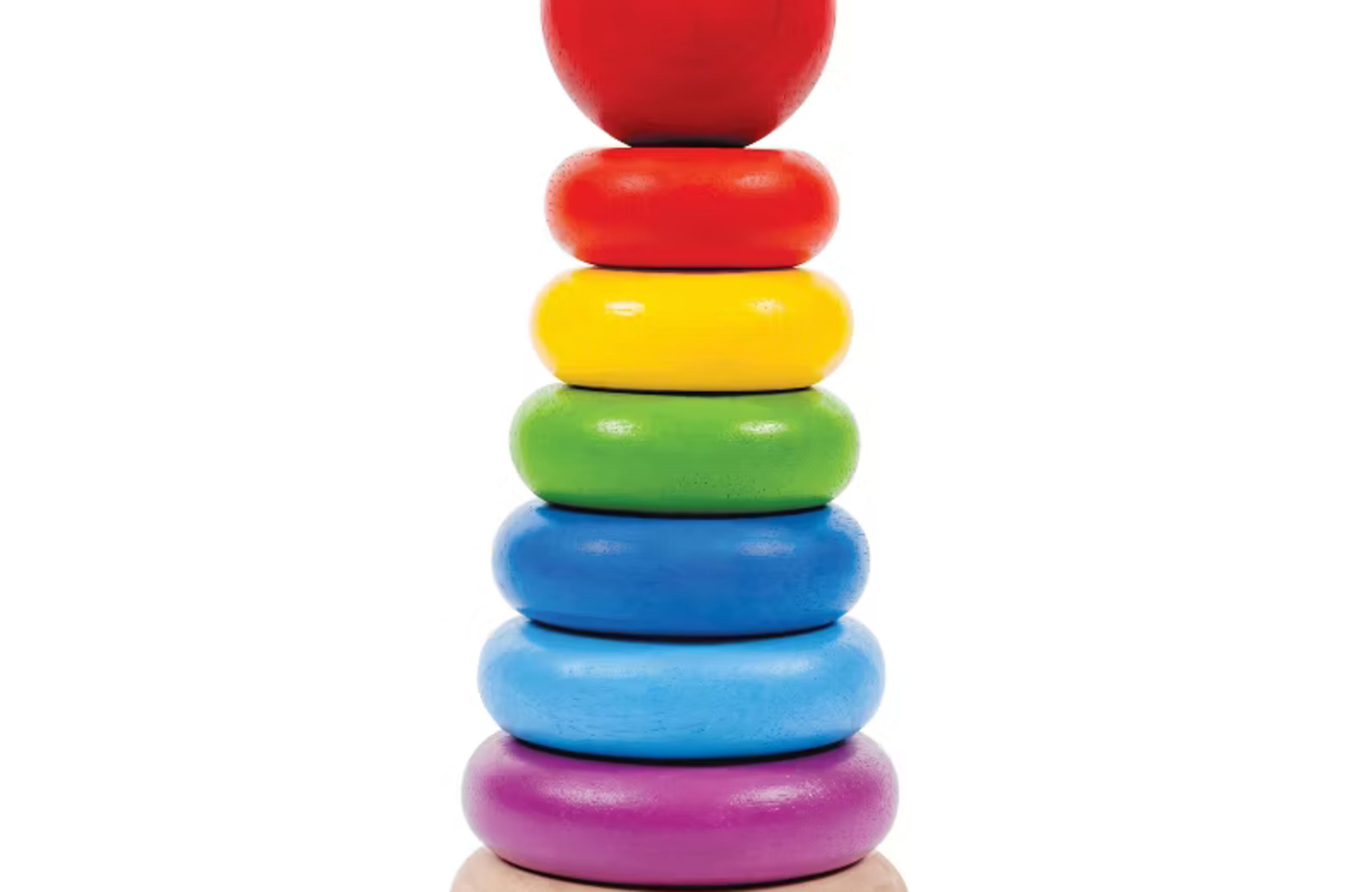 PlanToys wooden Stacking Ring set with colorful rings on a foldable center rod