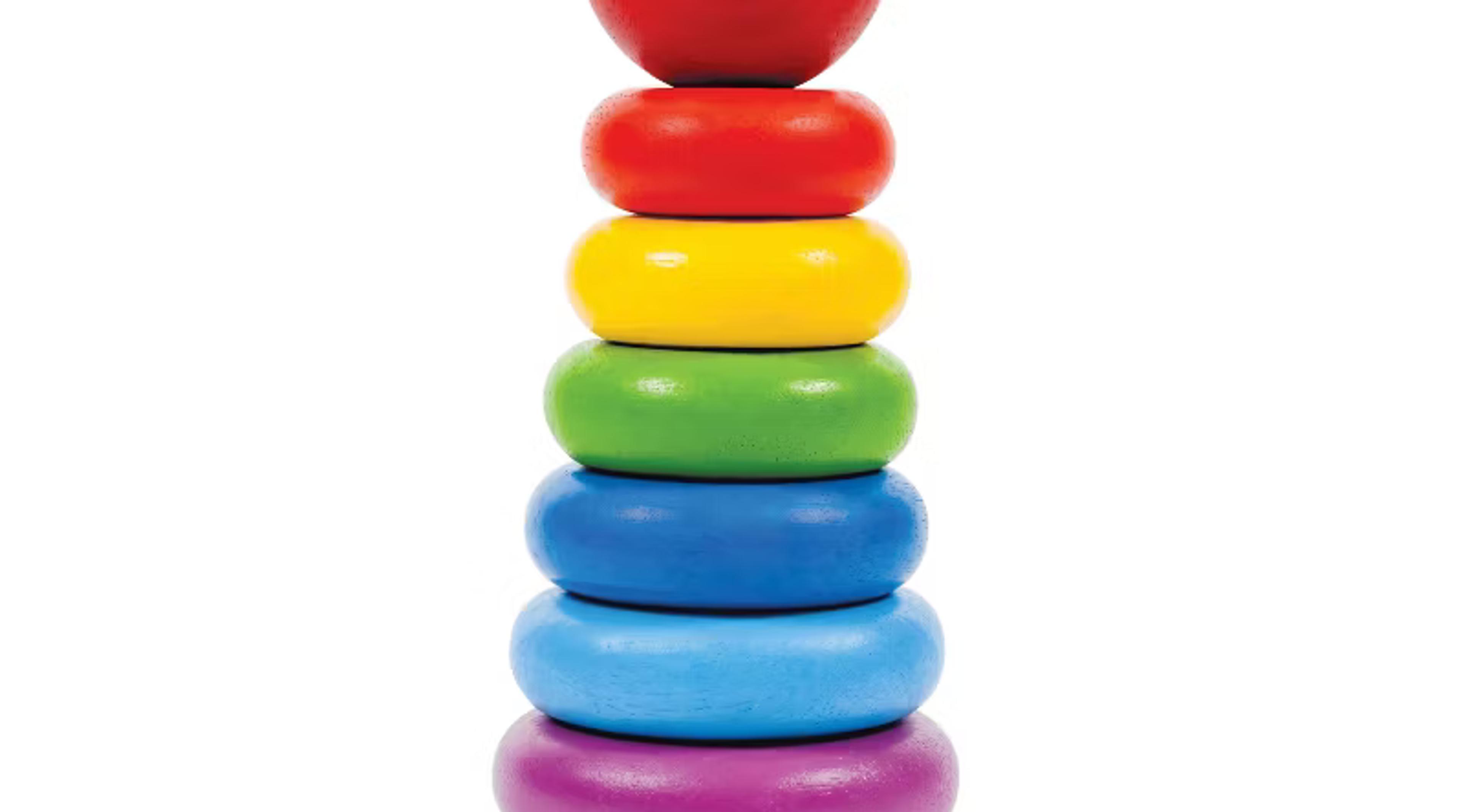 PlanToys wooden Stacking Ring set with colorful rings on a foldable center rod