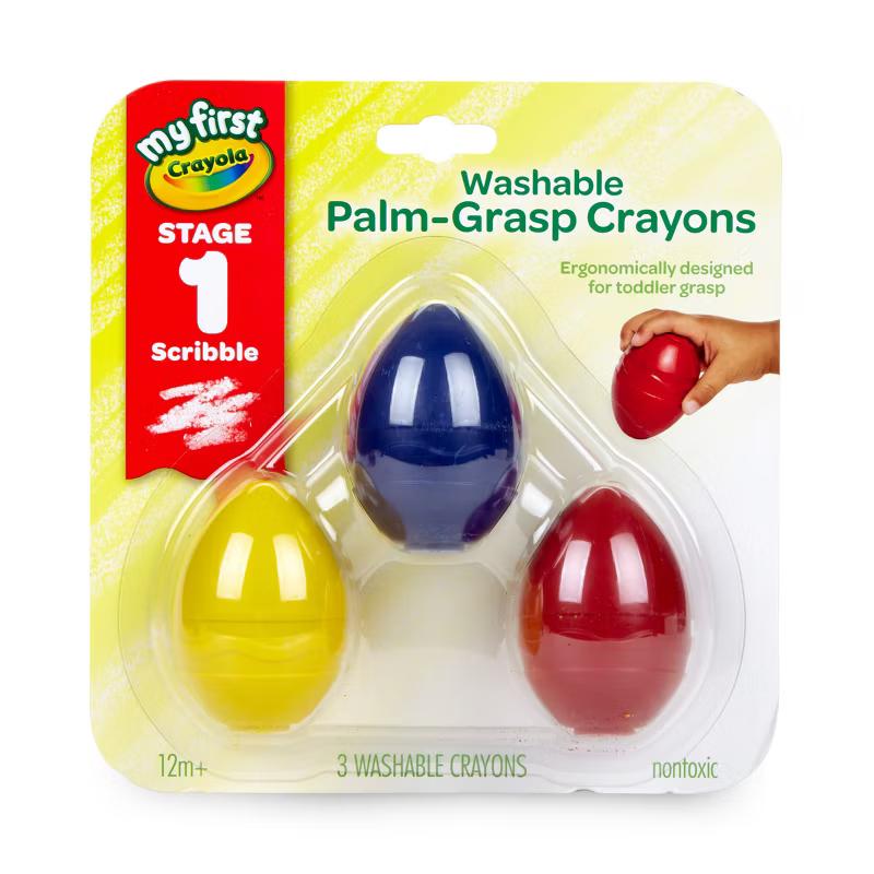 My First Crayola 3-count washable palm-grasp egg-shaped crayons in yellow, blue, and red