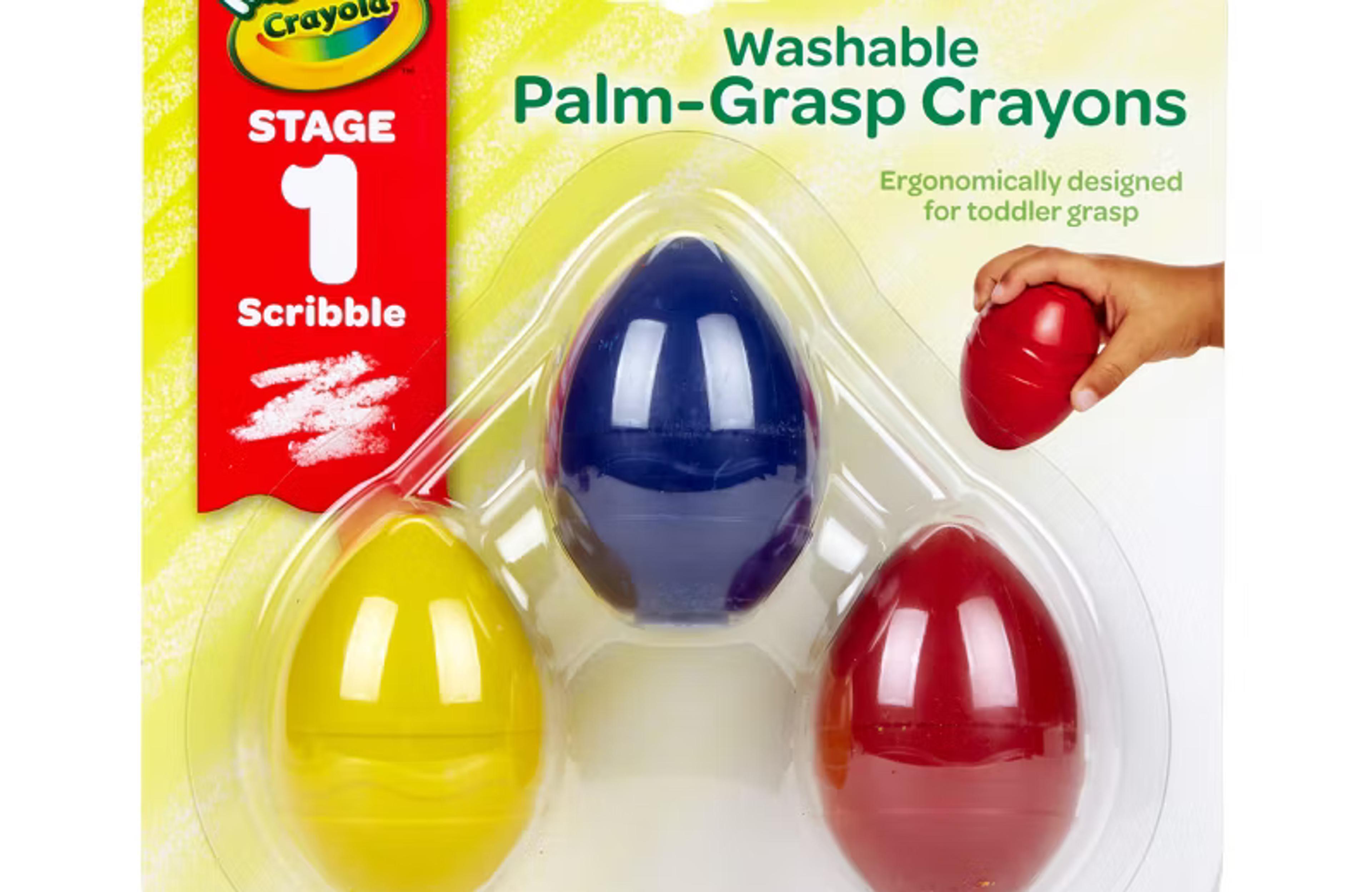My First Crayola 3-count washable palm-grasp egg-shaped crayons in yellow, blue, and red