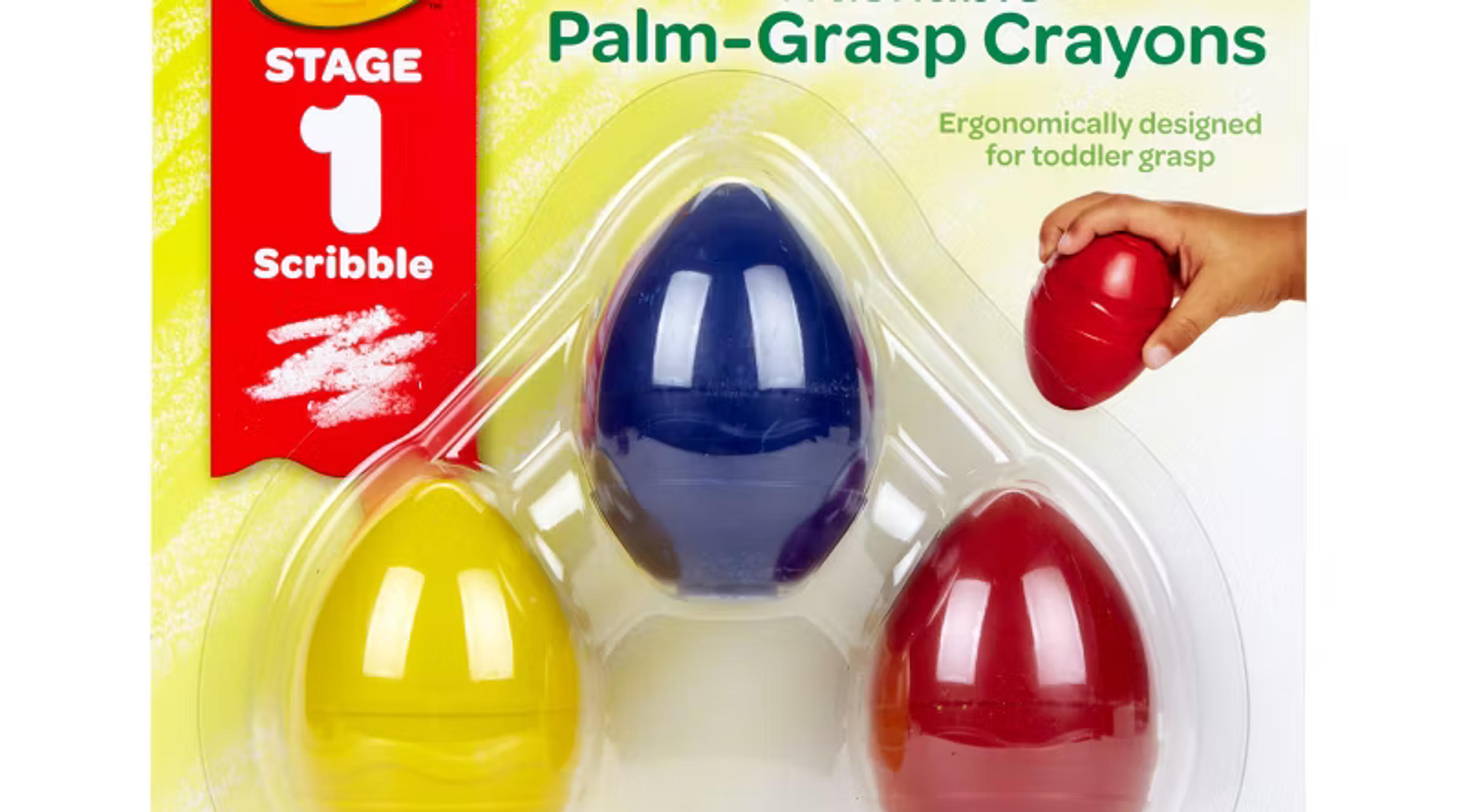 My First Crayola 3-count washable palm-grasp egg-shaped crayons in yellow, blue, and red