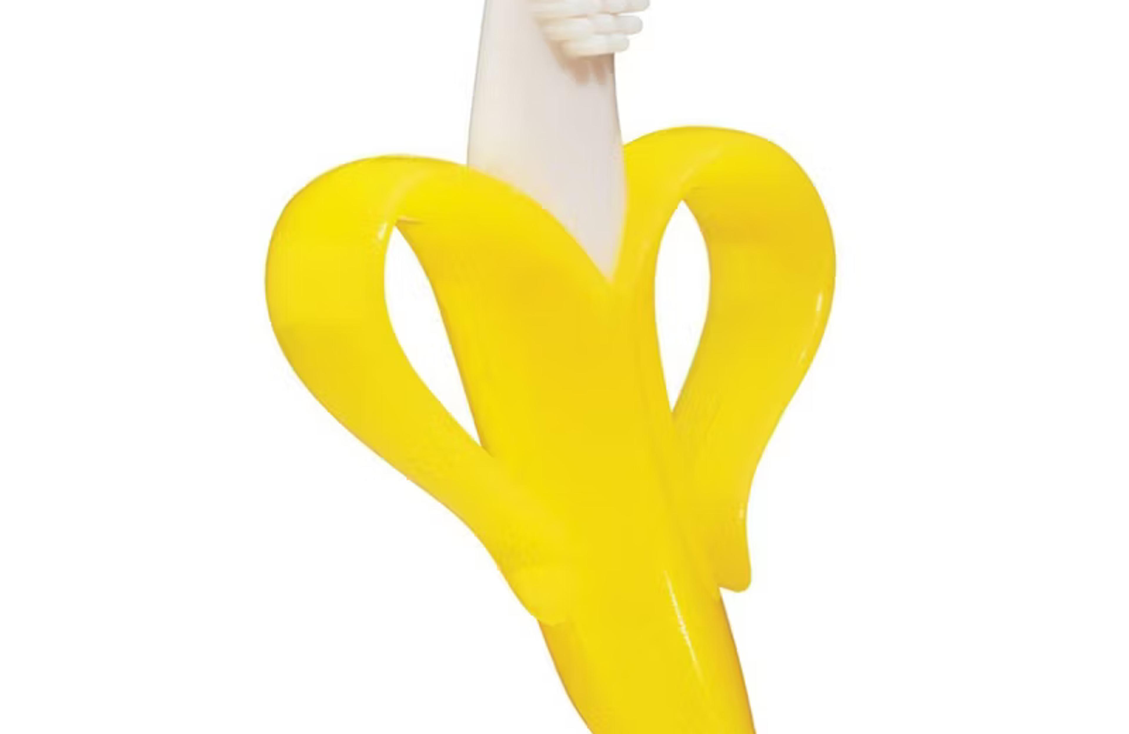 Baby Banana Infant Teething Toothbrush in soft yellow banana shape