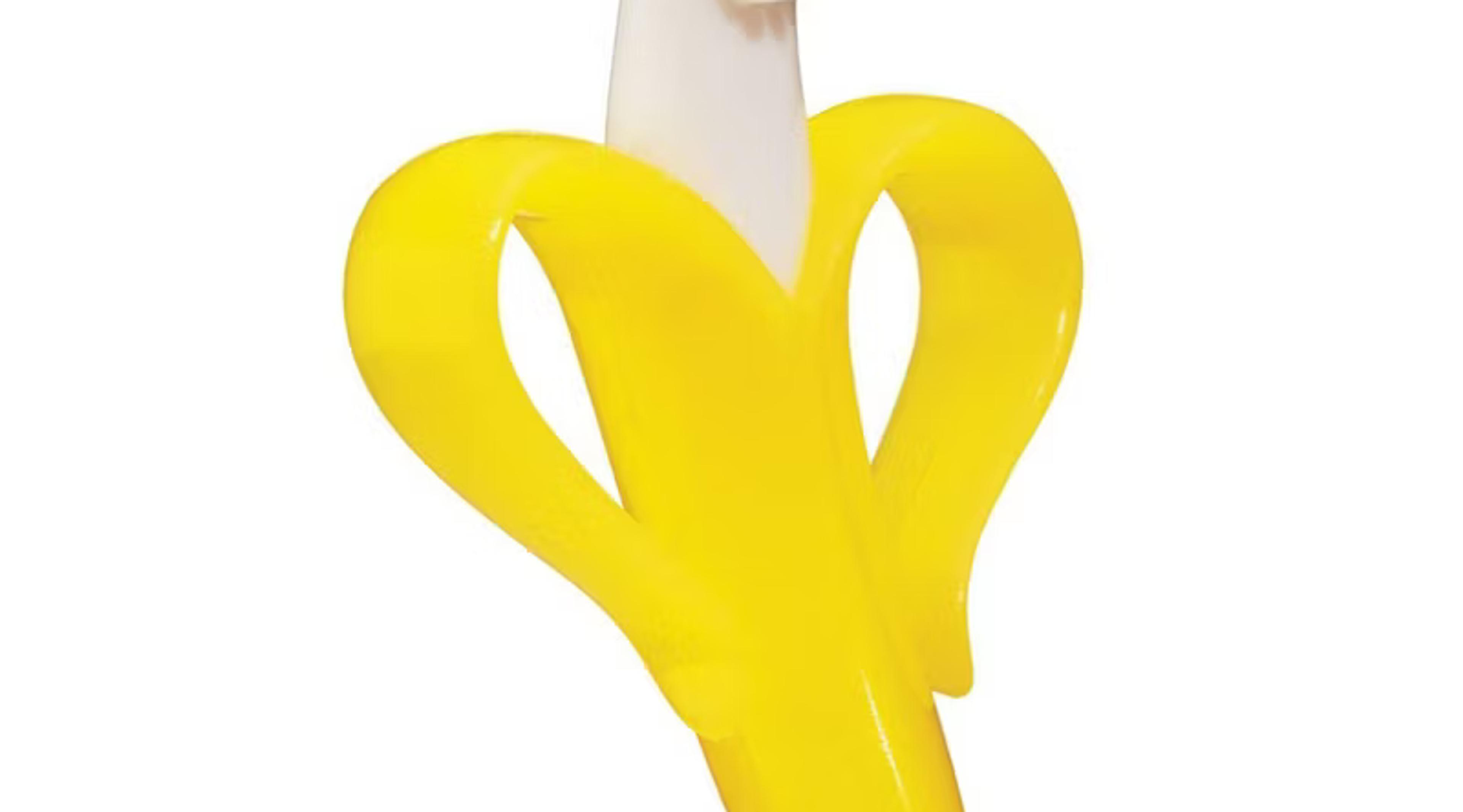 Baby Banana Infant Teething Toothbrush in soft yellow banana shape