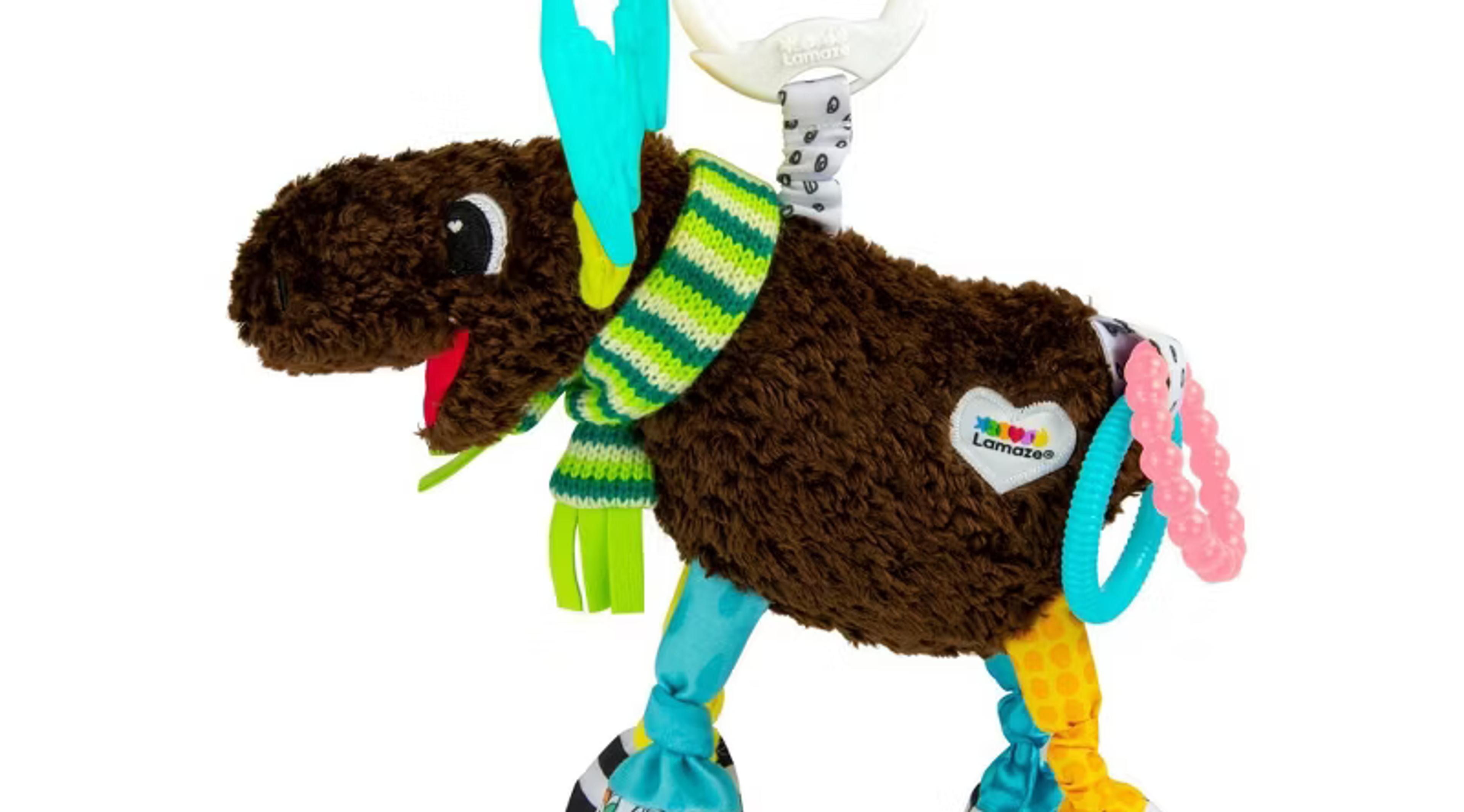 Lamaze Mortimer the Moose soft baby toy with ribbon legs and clip