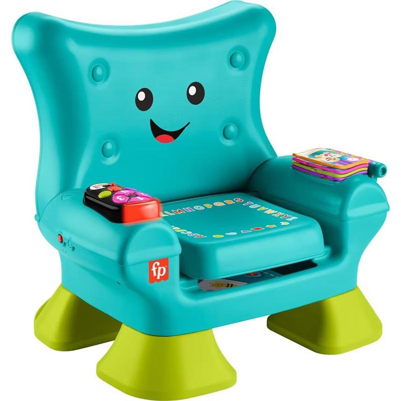 Fisher-Price Laugh & Learn Smart Stages Chair in teal with smiling face, buttons, and flipbook