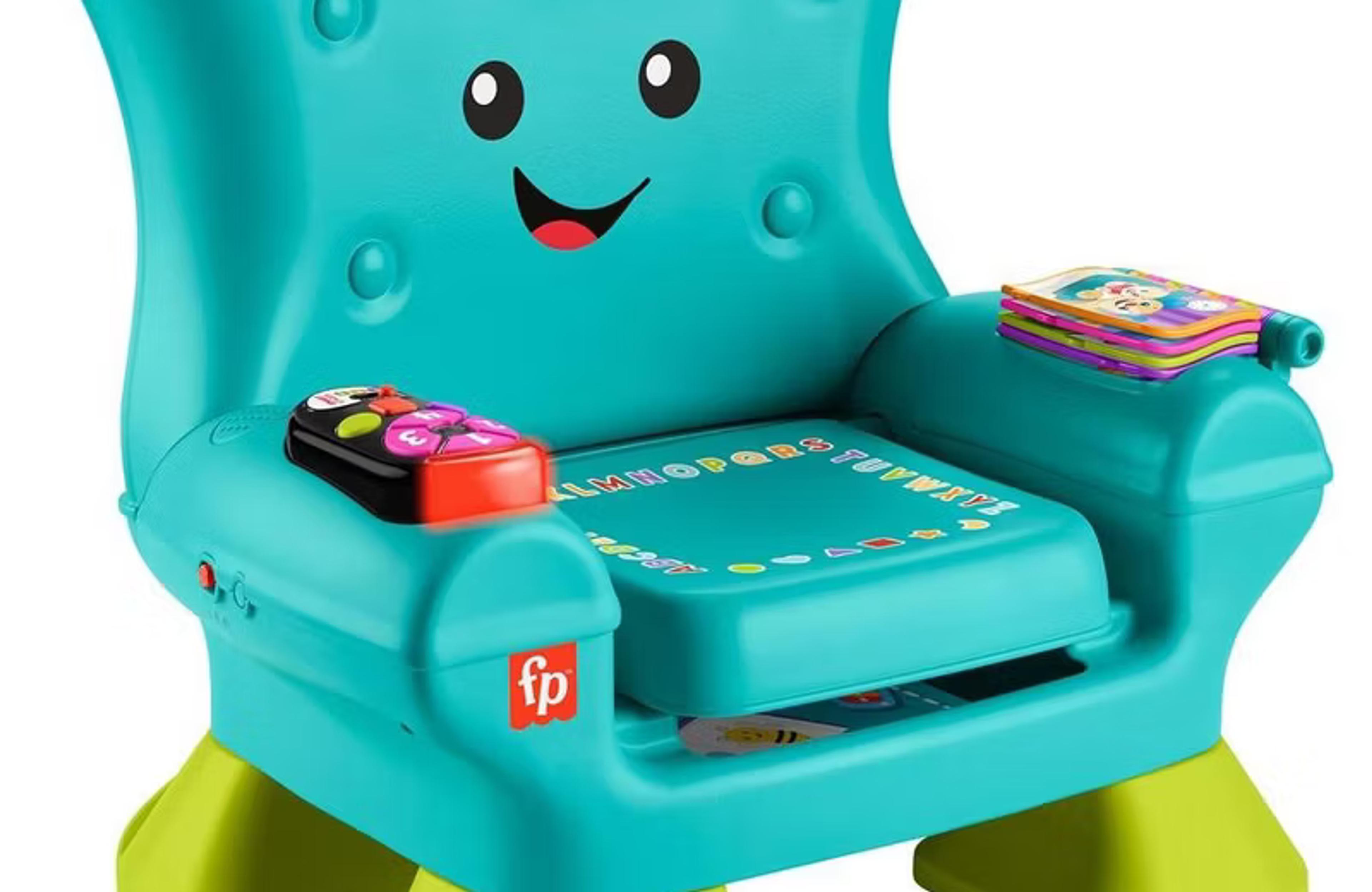 Fisher-Price Laugh & Learn Smart Stages Chair in teal with smiling face, buttons, and flipbook