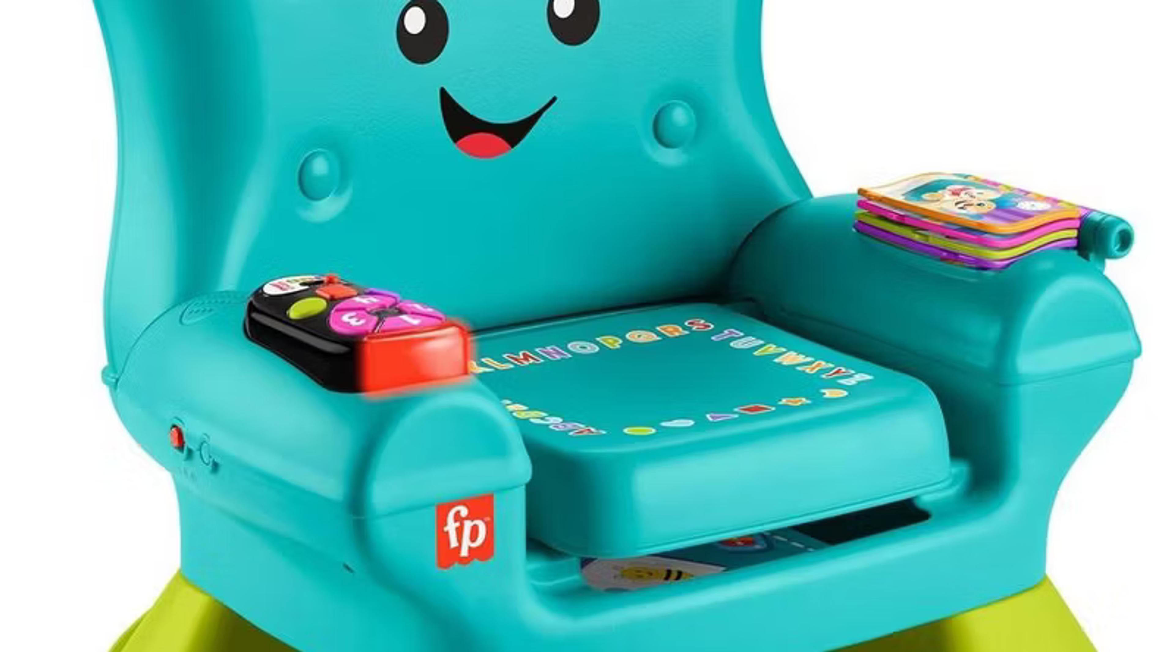 Fisher-Price Laugh & Learn Smart Stages Chair in teal with smiling face, buttons, and flipbook