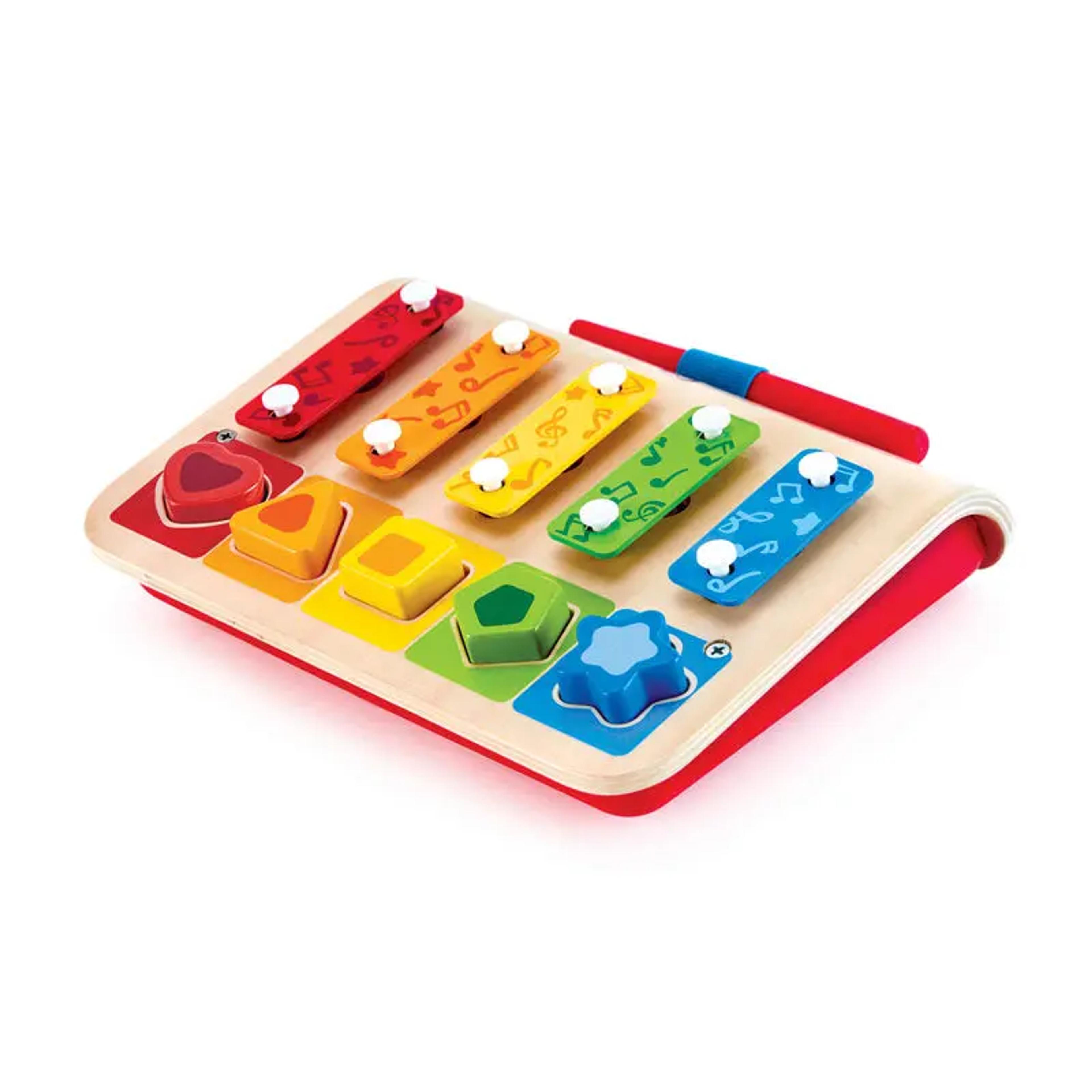 Hape Shape Sorter Xylophone wooden toy with puzzle blocks, baton, and colorful xylophone base