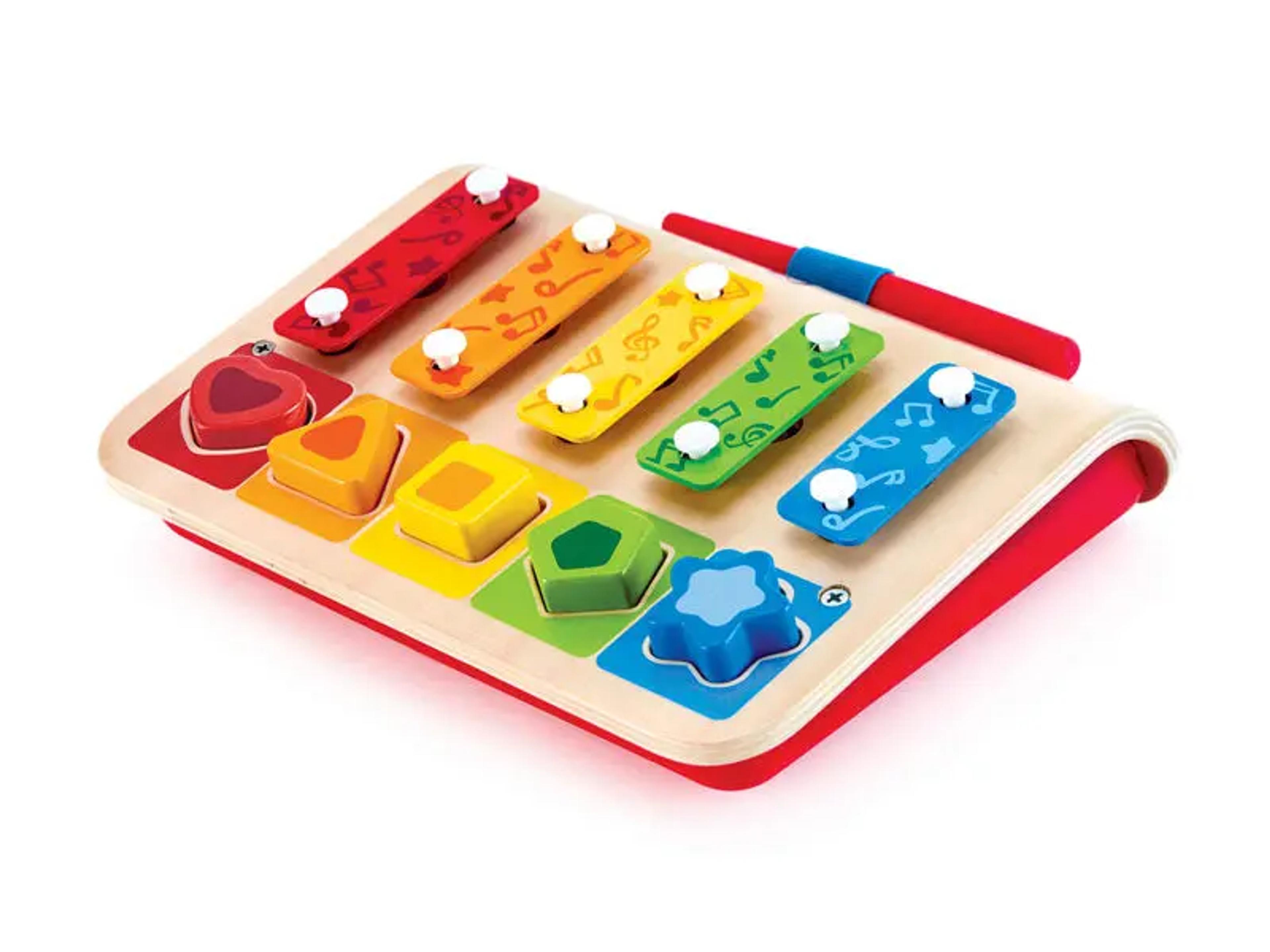 Hape Shape Sorter Xylophone wooden toy with puzzle blocks, baton, and colorful xylophone base