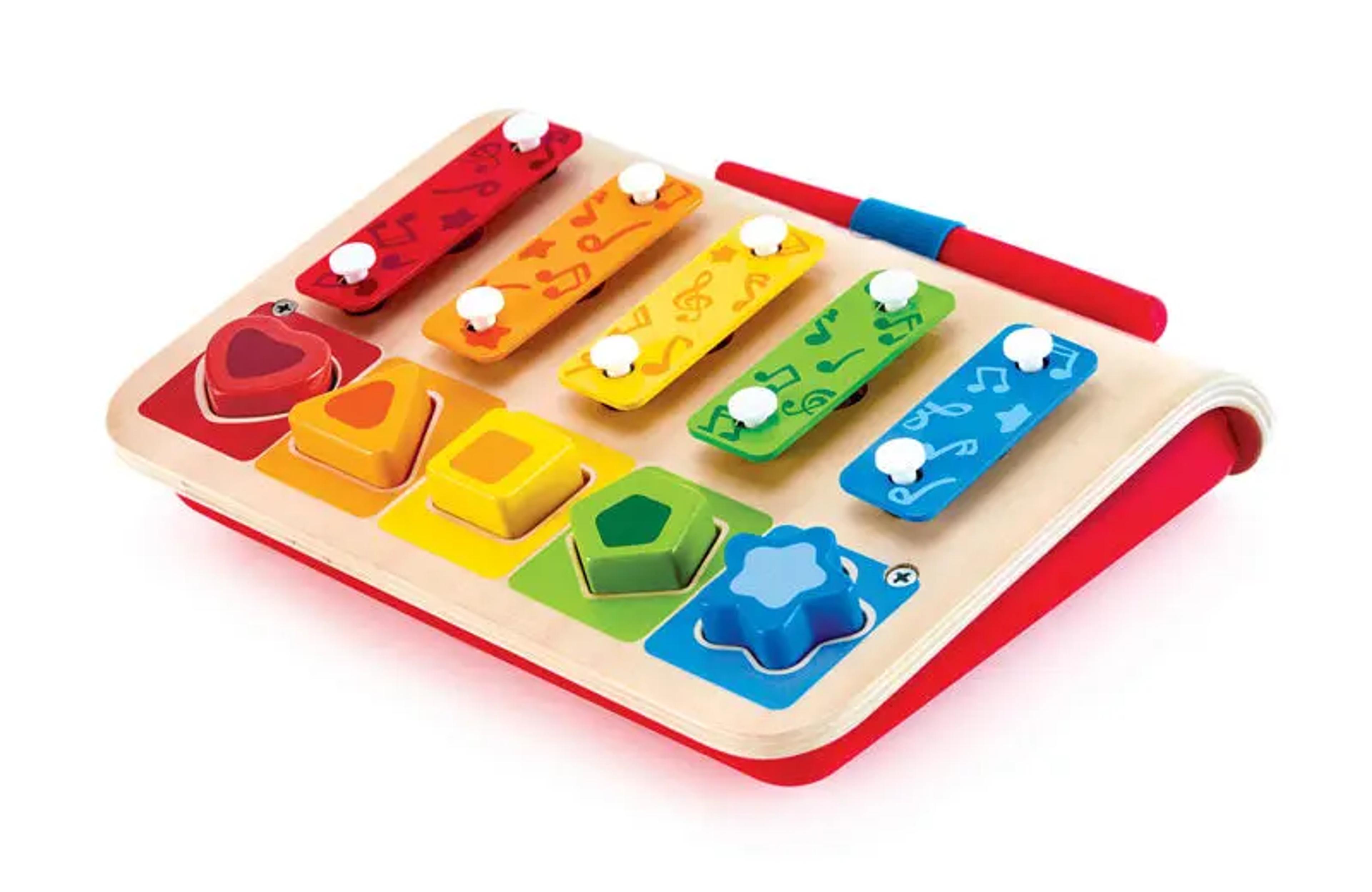 Hape Shape Sorter Xylophone wooden toy with puzzle blocks, baton, and colorful xylophone base