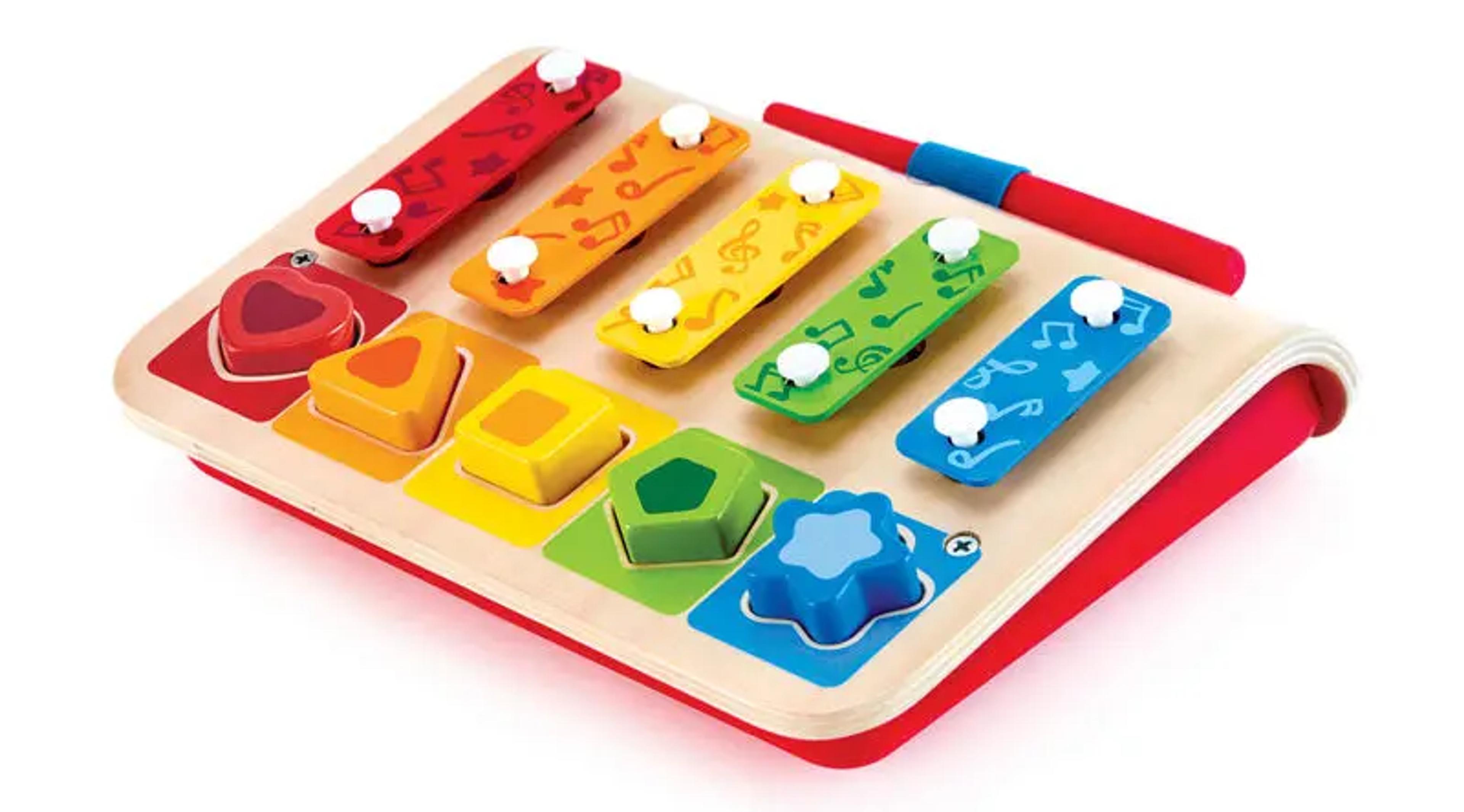 Hape Shape Sorter Xylophone wooden toy with puzzle blocks, baton, and colorful xylophone base