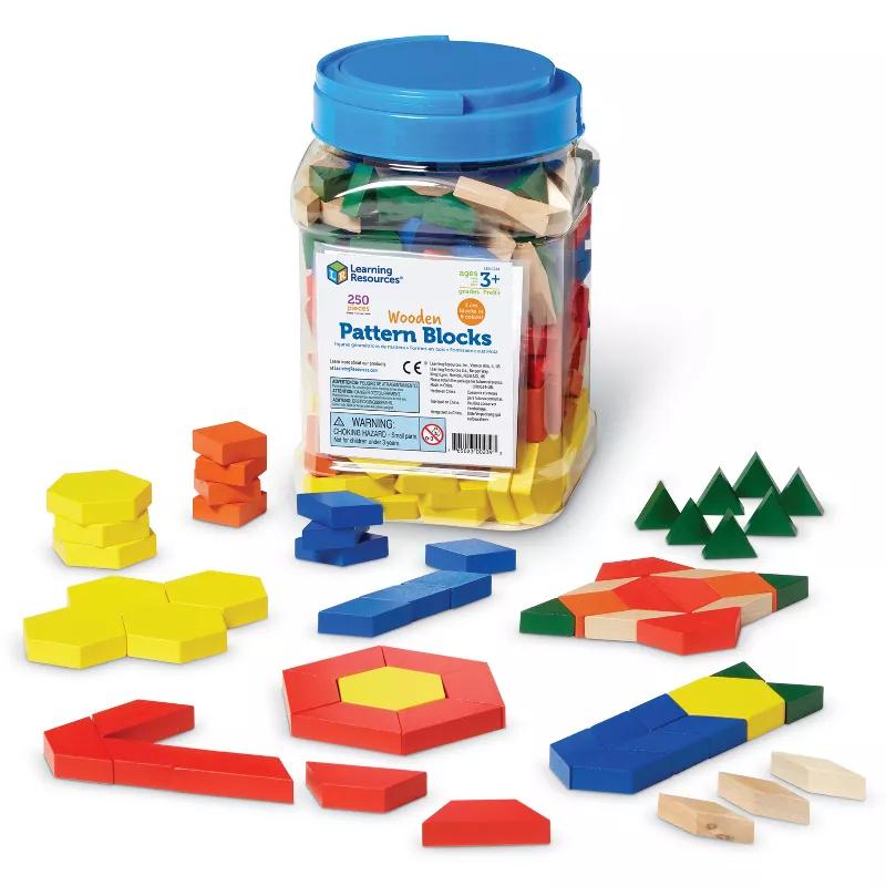 Learning Resources wooden pattern blocks in six shapes and colours with storage tub
