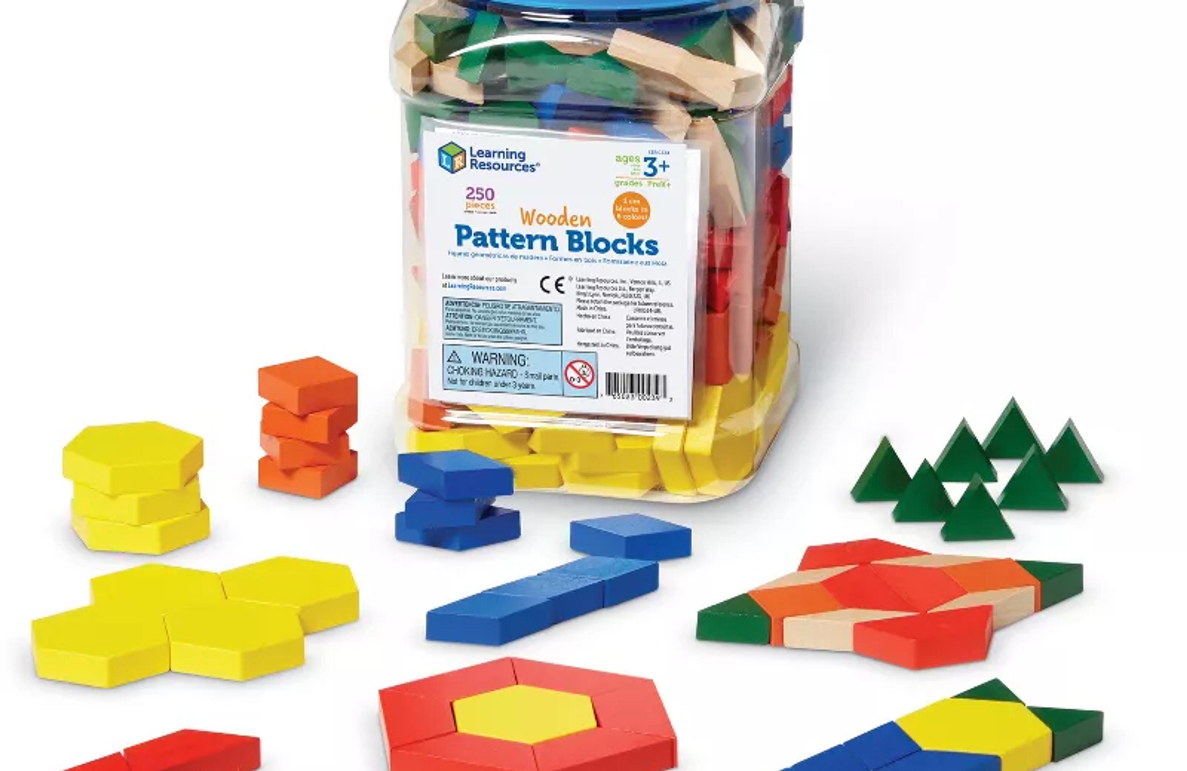 Learning Resources wooden pattern blocks in six shapes and colours with storage tub