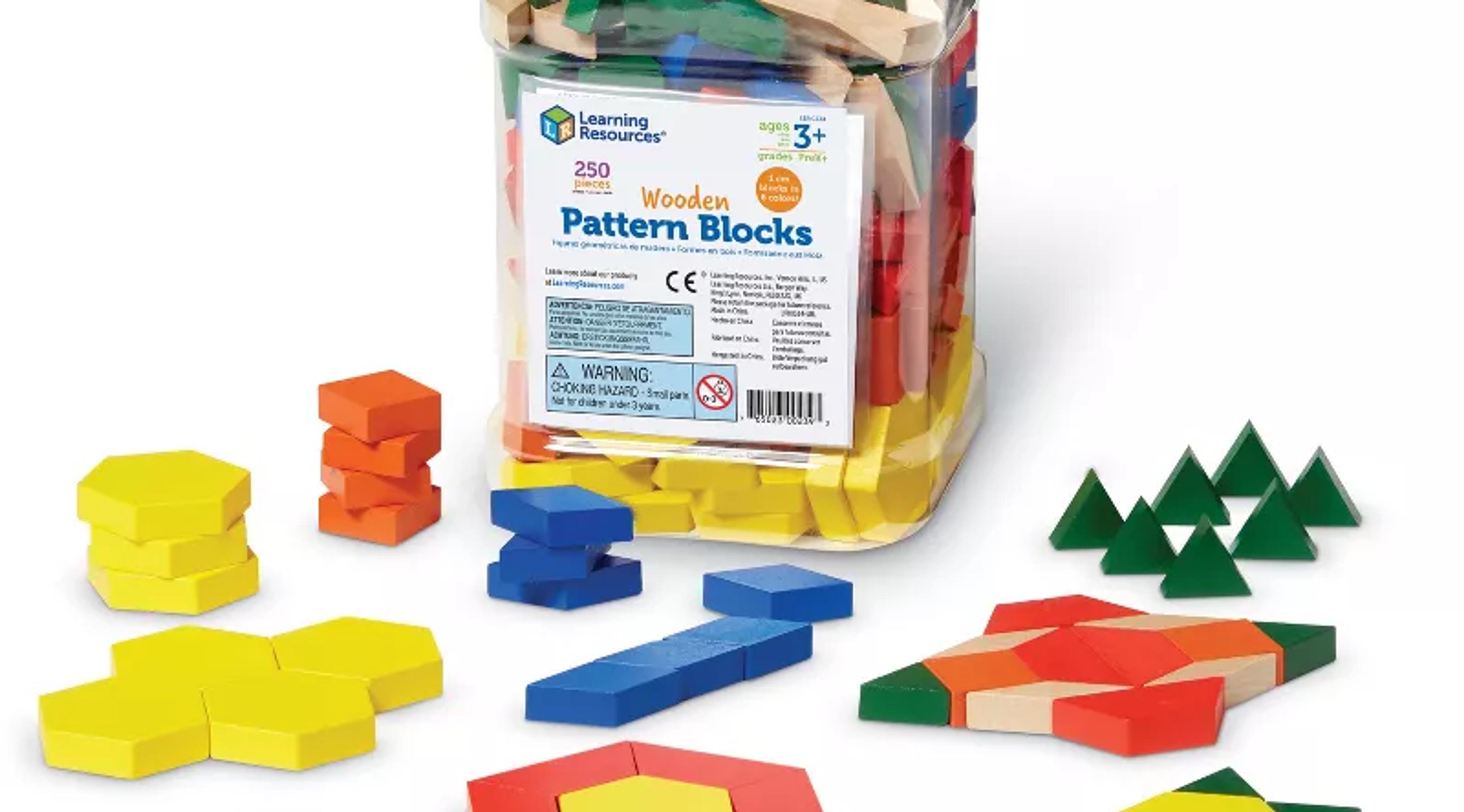 Learning Resources wooden pattern blocks in six shapes and colours with storage tub
