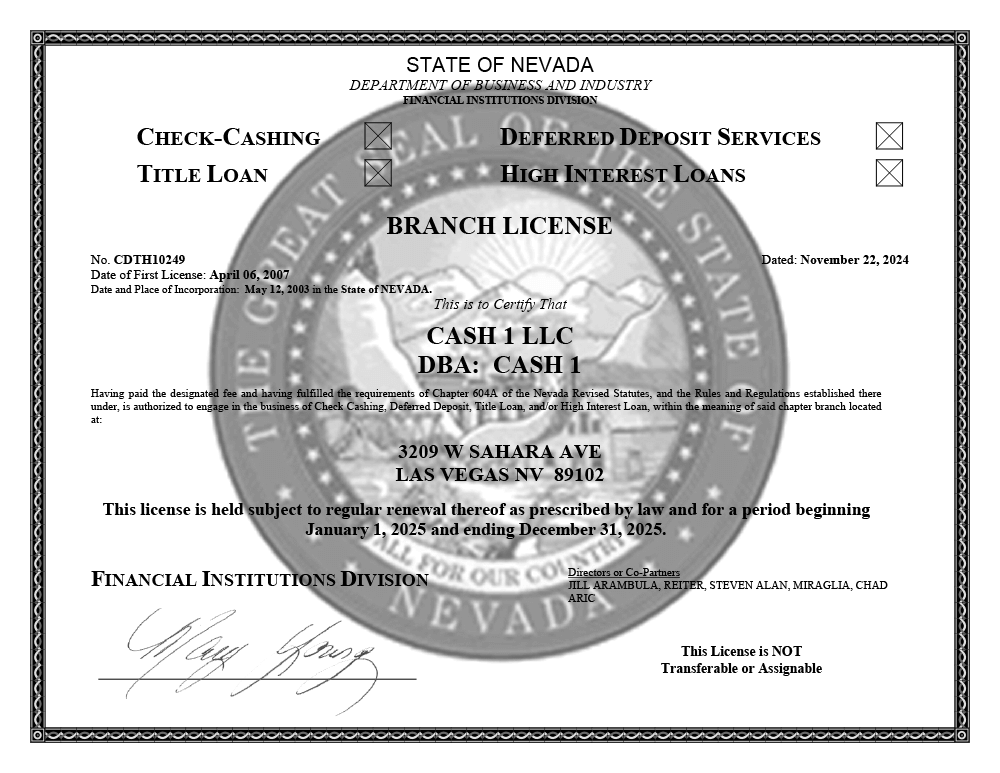 State of Nevada - Department of Business and Industry Branch License