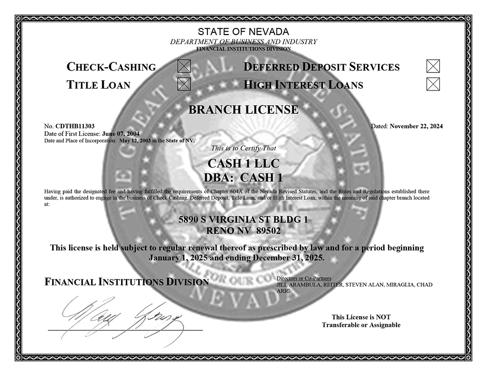 State of Nevada - Department of Business and Industry Branch License