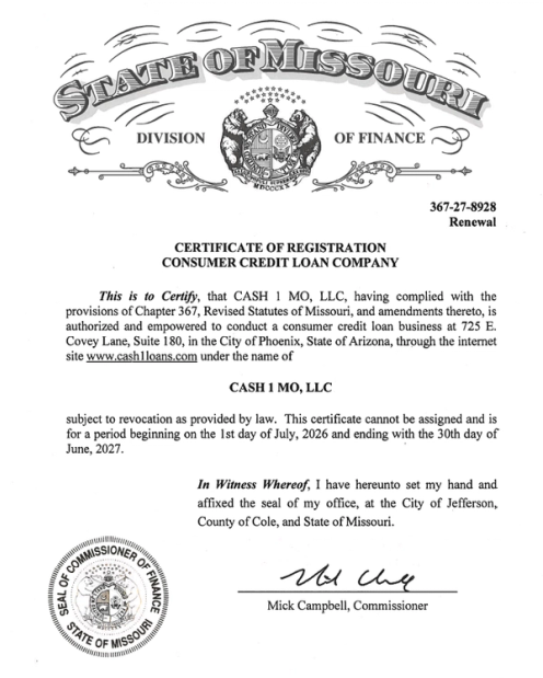 Missouri license consumer installment lender