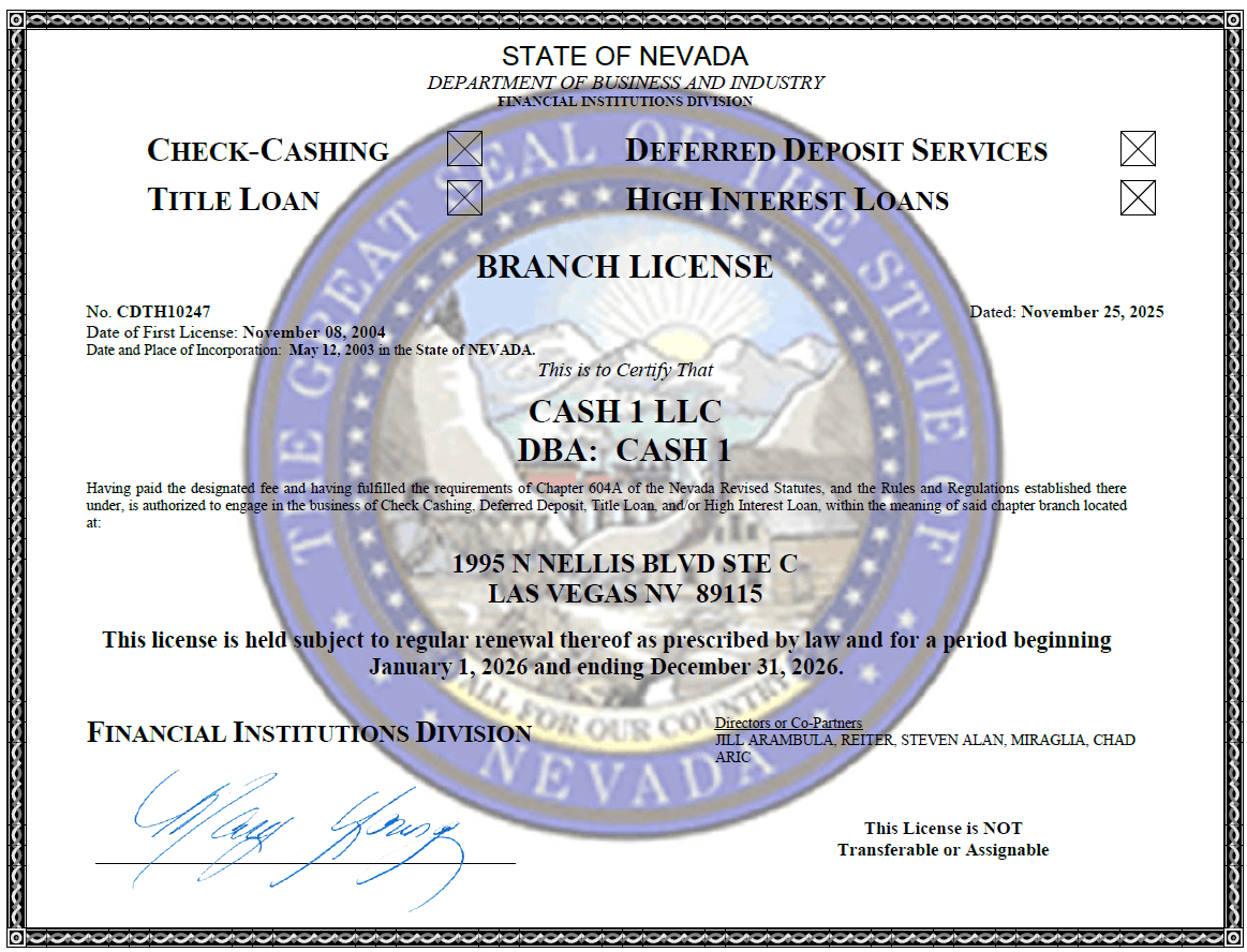 State of Nevada - Department of Business and Industry Branch License
