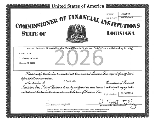 2026 Certificate of Licensed Lender Main Office (In-State and Out-Of-State with Lending Activity)